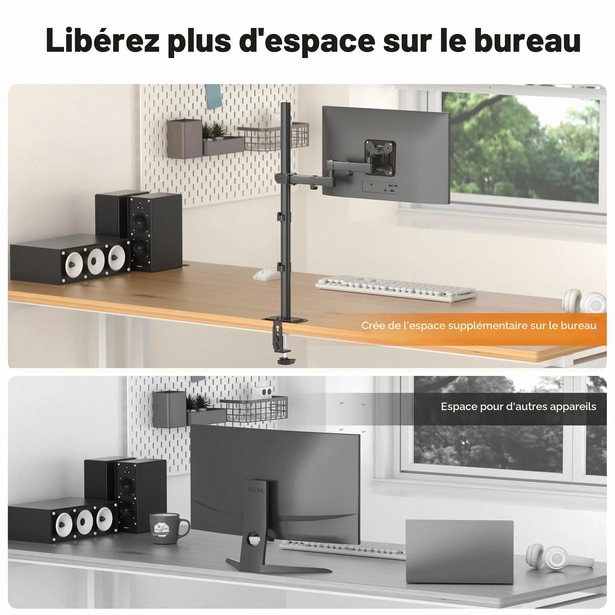 Bras Écran PC Bracwiser pour Moniteurs 13-32 Pouces, VESA 75/100 mm, Réglable en Hauteur 80cm, Rotation 360°, Pivotement 90°, Charge Max 10 kg