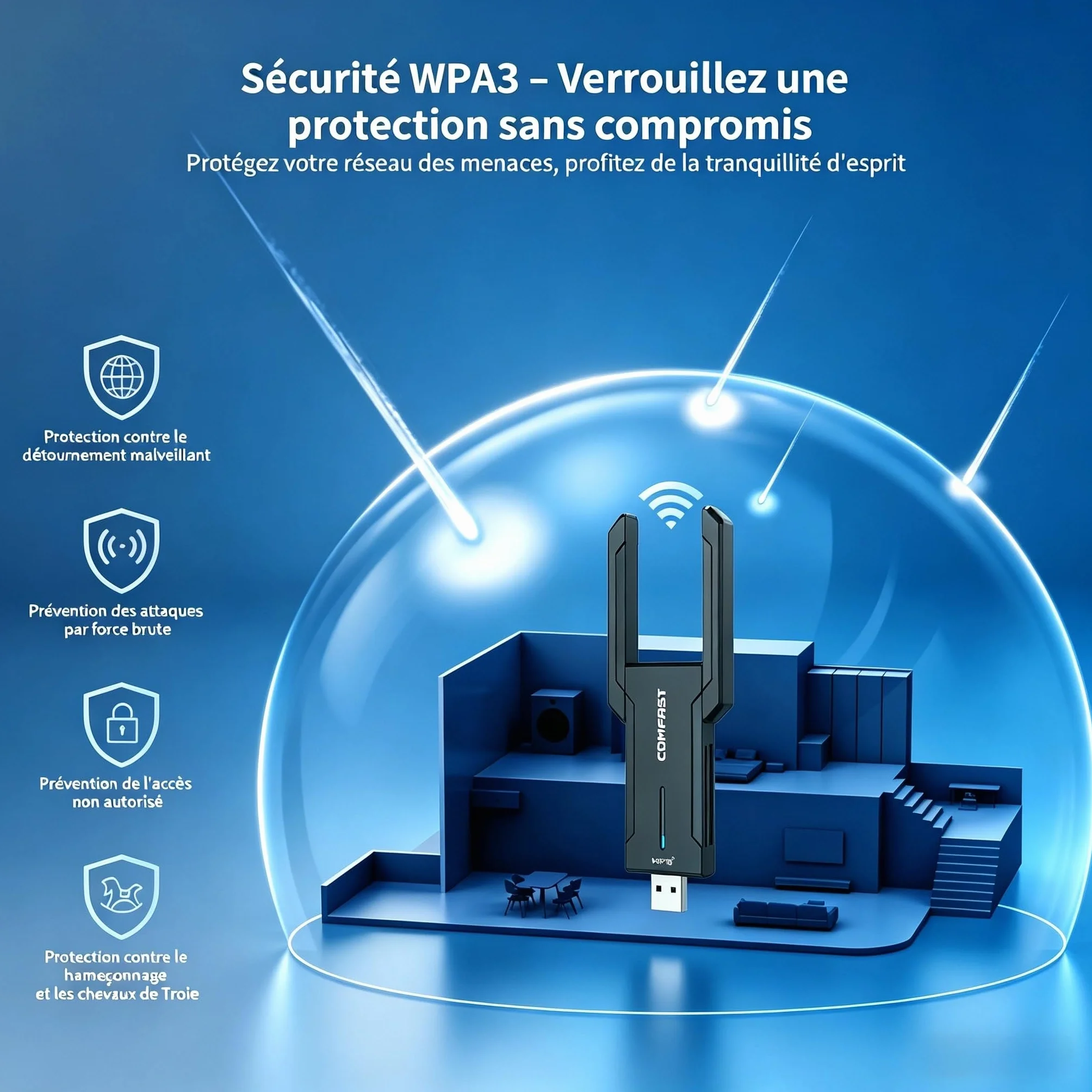 COMFAST Clé WiFi 6E AX5400 Tri-Bande 6GHz 5GHz 2,4GHz USB Adaptateur WiFi Windows 11/10 WPA3 MU-MIMO