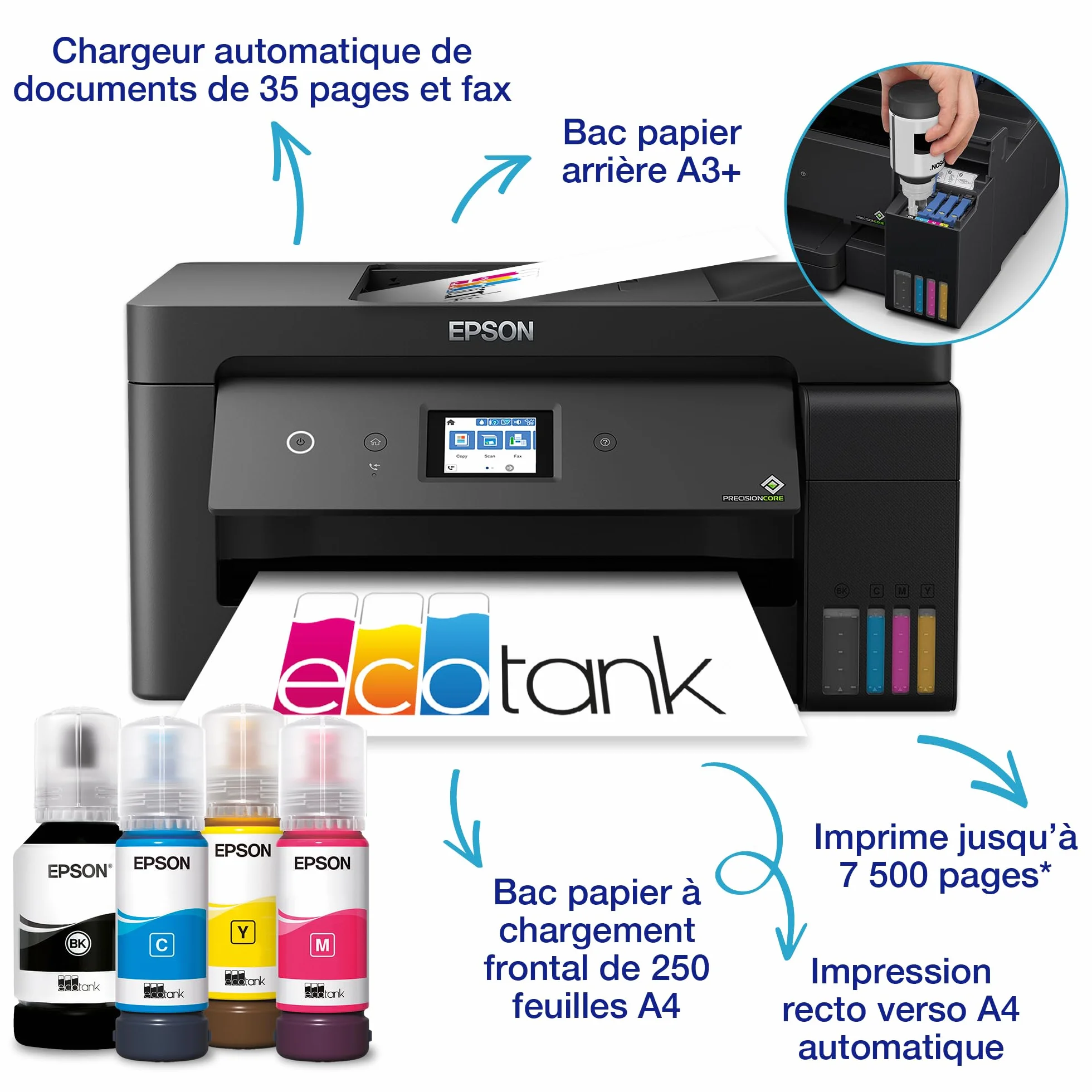 Epson EcoTank ET-15000 Imprimante A3+ Wi-Fi Recto Verso Auto Écran Tactile ADF 35 Feuilles