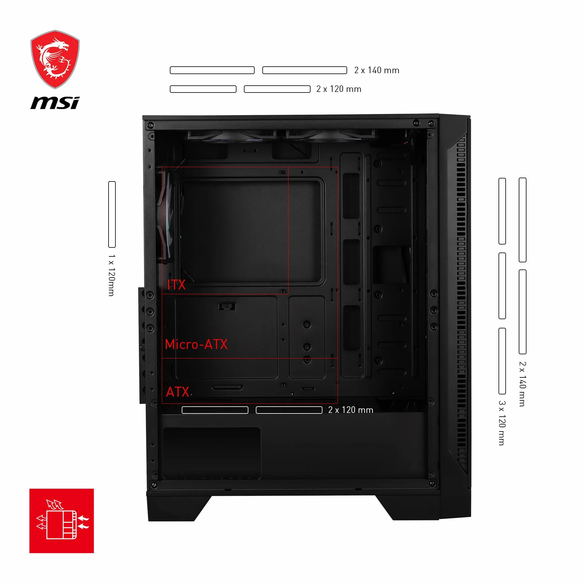 MSI MAG Forge 120A Boîtier PC Moyen Tour ATX, Micro-ATX, Mini-ITX, Verre Trempé, Façade Mesh, 6 Ventilateurs Auto-RGB 120mm