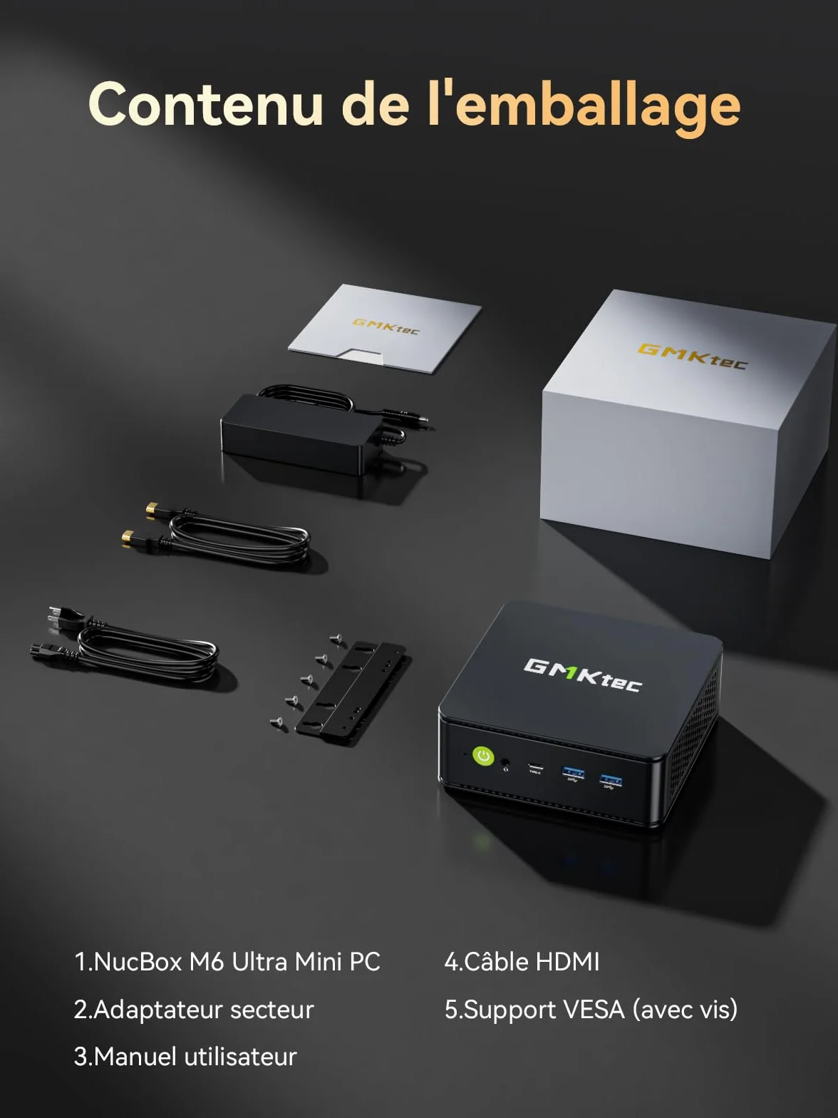 GMKtec Mini PC Ryzen 5 7640HS AMD Radeon 760M 16Go DDR5 512Go PCIe3.0 SSD Double LAN 2.5G WiFi 6E Triple Affichage 4K USB 4.0