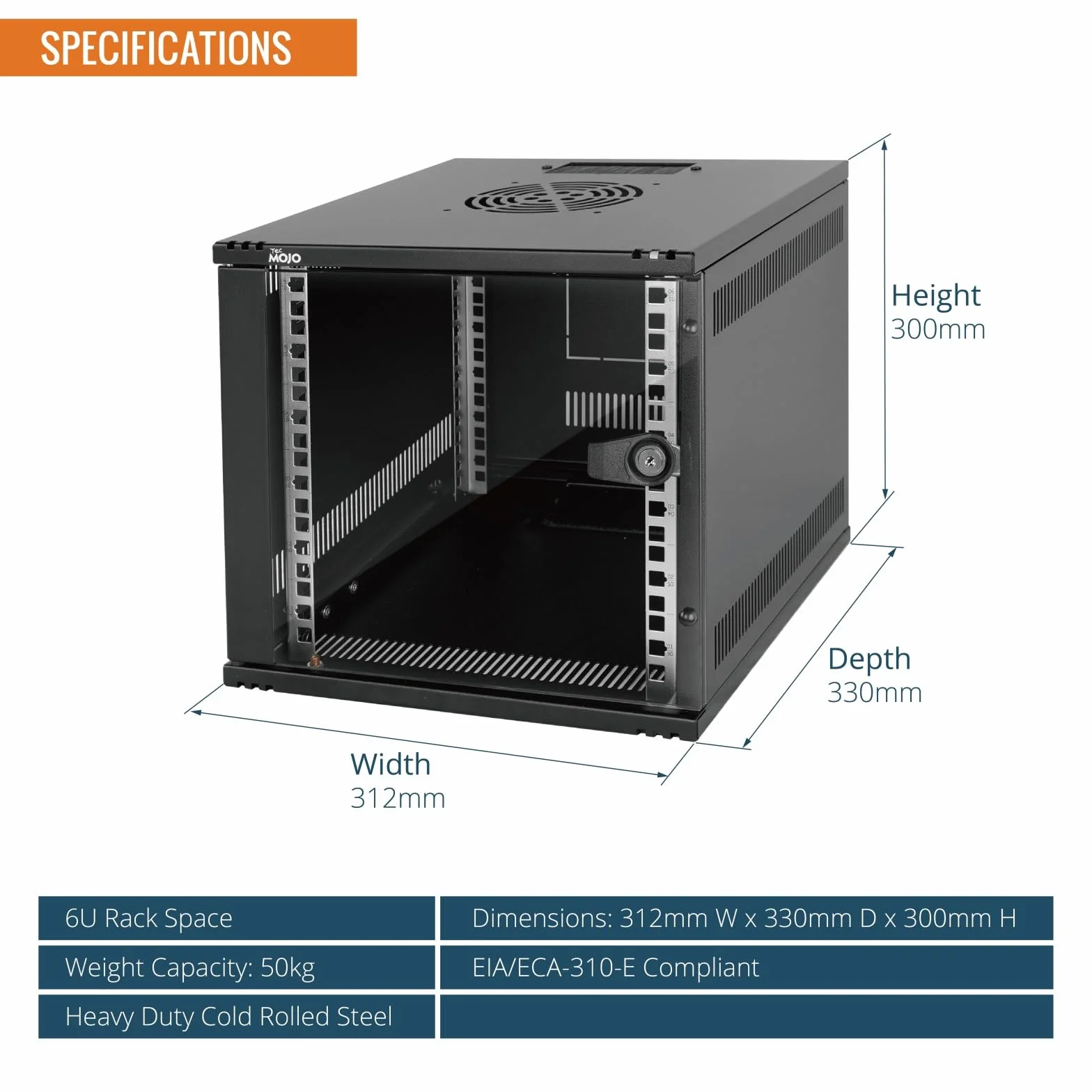Tecmojo Armoire Réseau Murale 10 Pouces 6U 330mm 50kg Porte Vitrée Noir