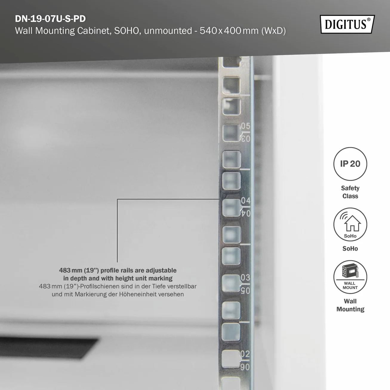 DIGITUS Armoire réseau 19 Pouces 7U Montage Mural 400 mm Profondeur 60 kg Porte perforée