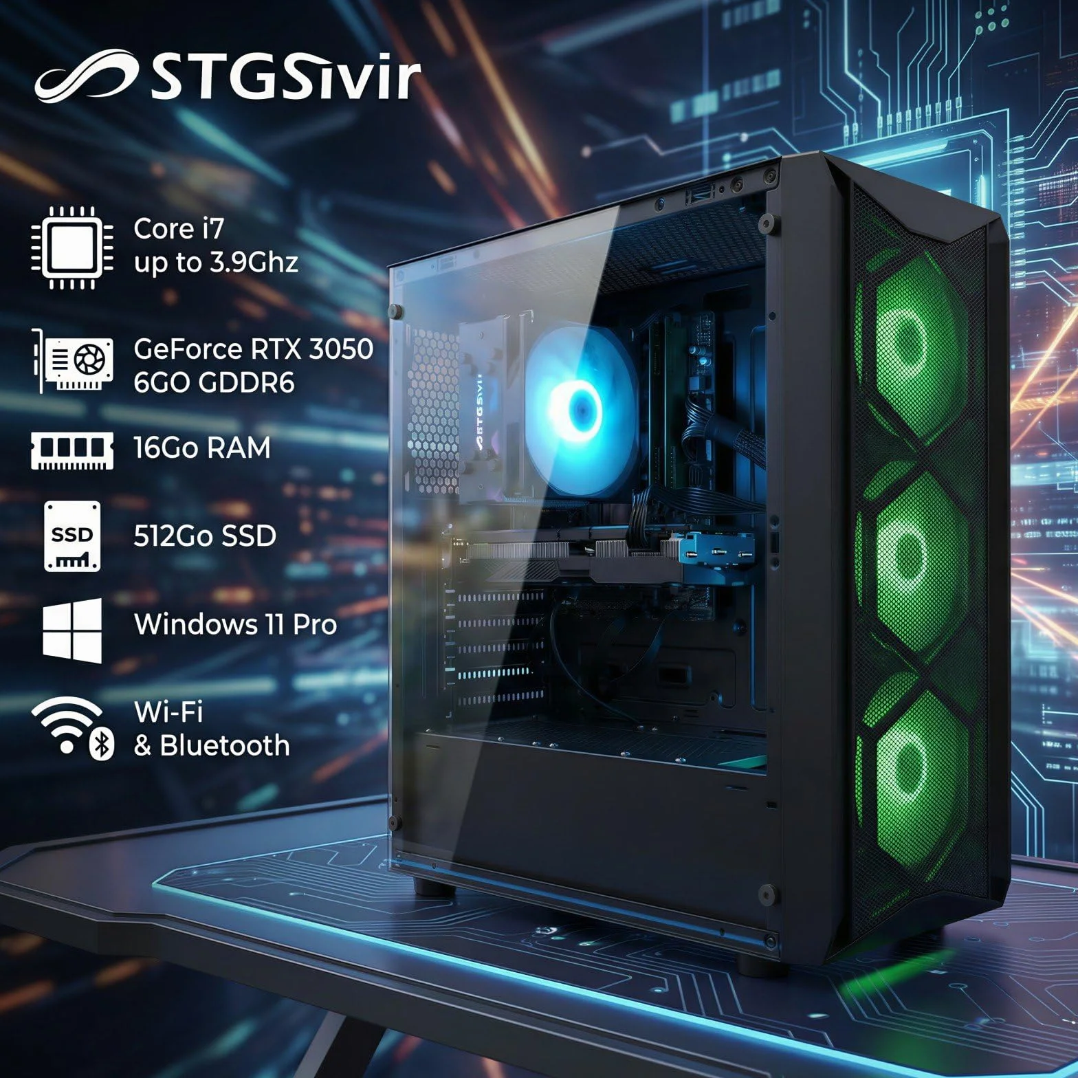 PC Gamer Fixe GeForce RTX 3050 6Go GDDR6 Core i7 3.9GHz 16Go RAM 512Go SSD WiFi 6 Windows 11 Pro