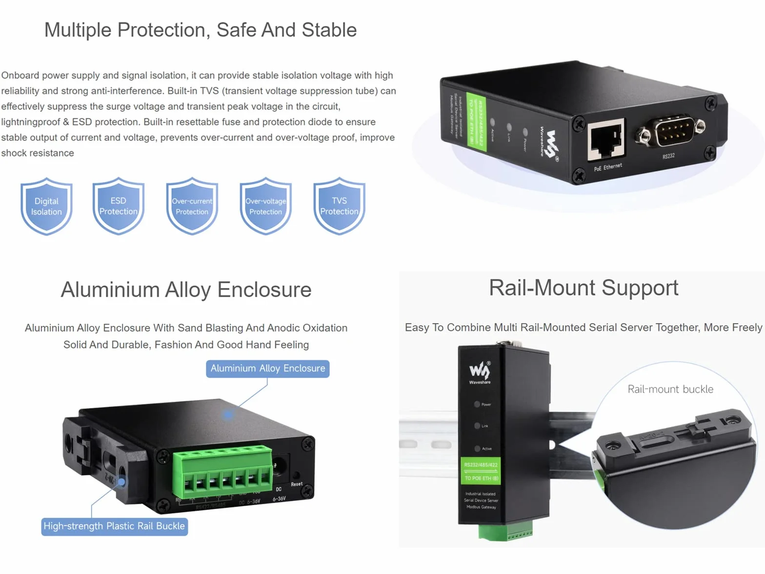 Convertisseur RS232/485/422 vers RJ45 Ethernet Modbus Gateway Serveur Série Industriel Isolé avec POE