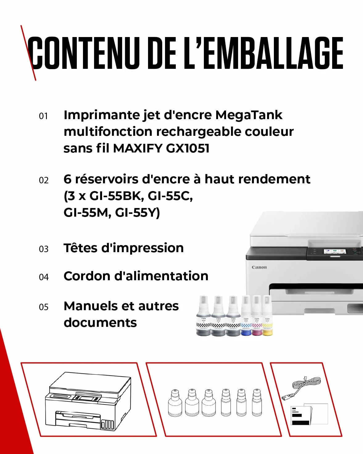 Canon MAXIFY GX1051 Imprimante A4 Couleur Jet d'encre MegaTank Tout-en-Un Wi-Fi Ethernet USB 6 Bouteilles d'encre