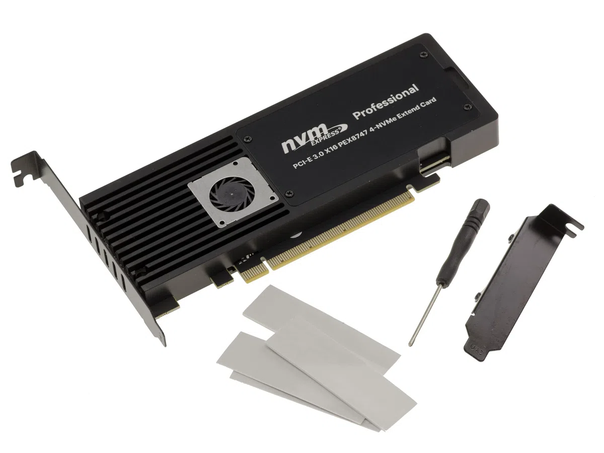 KALEA-INFORMATIQUE Carte PCIe x16 4 SSD M.2 NVMe ventilée | Carte PCIe 4 SSD NVMe avec coffrage aluminium ventilé