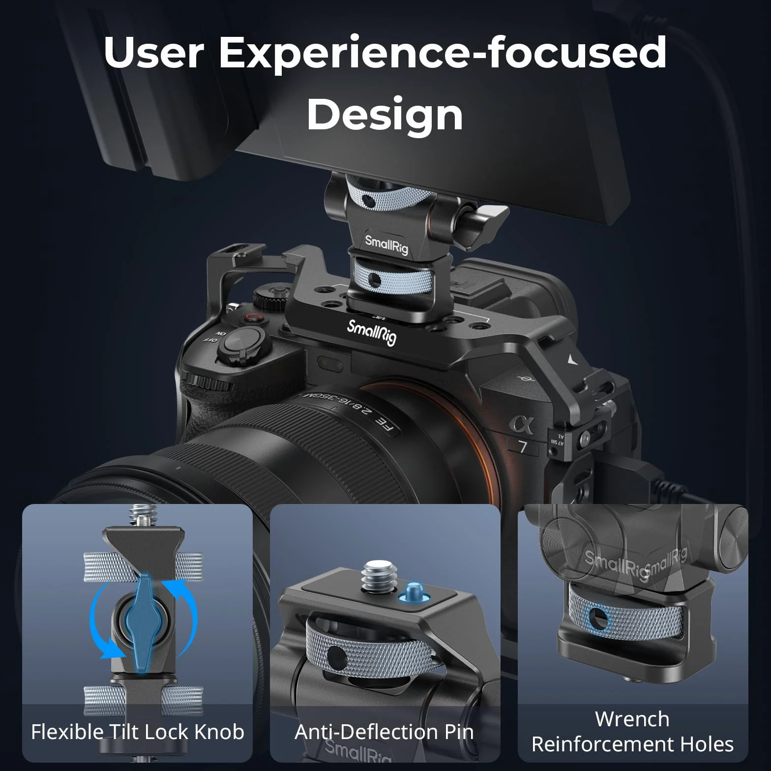 SMALLRIG Support Moniteur Réglable Pivotant 360° Inclinable 180° Vis 1/4" Anti-Torsion 4886