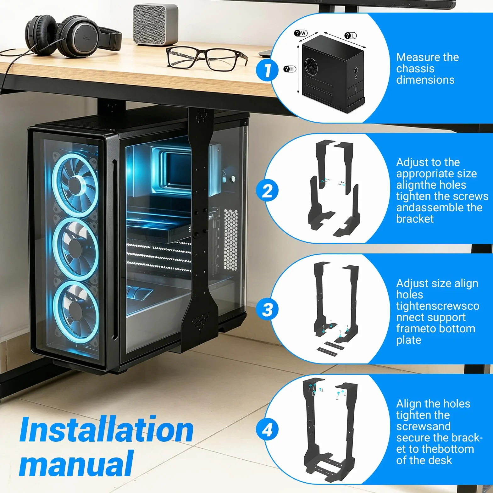 Support PC sous Bureau réglable en Hauteur 290-590 mm, Largeur 200-340 mm, Capacité 35 kg, Acier Robuste