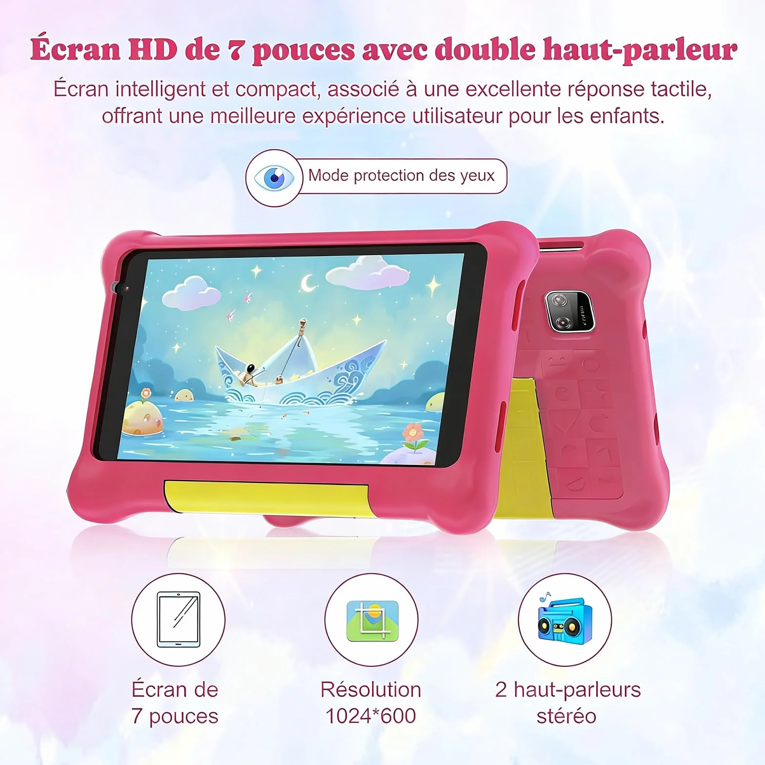 Tablette Enfants 7 Pouces Android 5GB RAM 32GB ROM Contrôle Parental IPS HD Bluetooth WiFi Quad Core Double Caméra avec Étui (Rose)