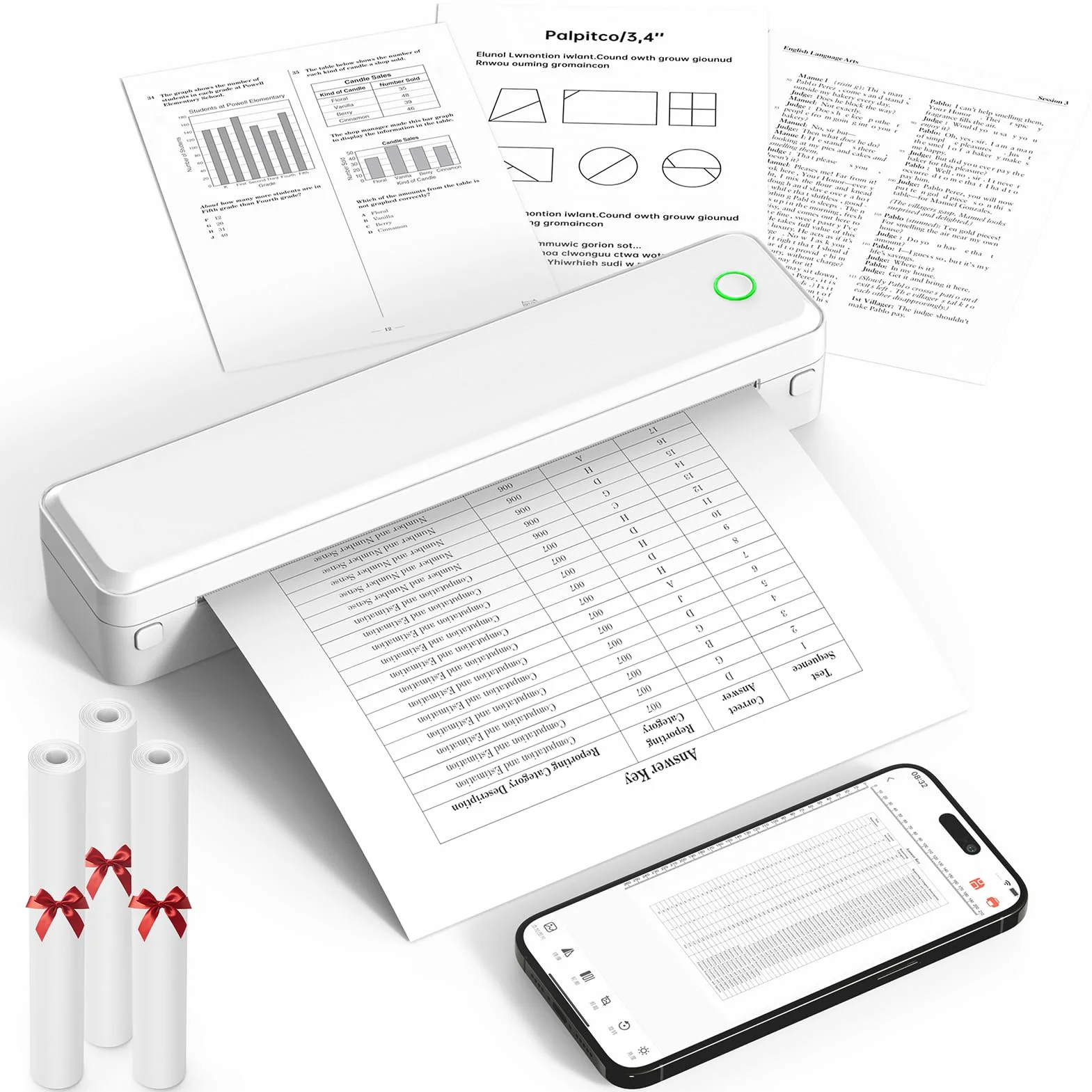 Imprimante thermique Bluetooth portable sans fil Knaon, compatible papier thermique US Letter A4, inclut 3 rouleaux