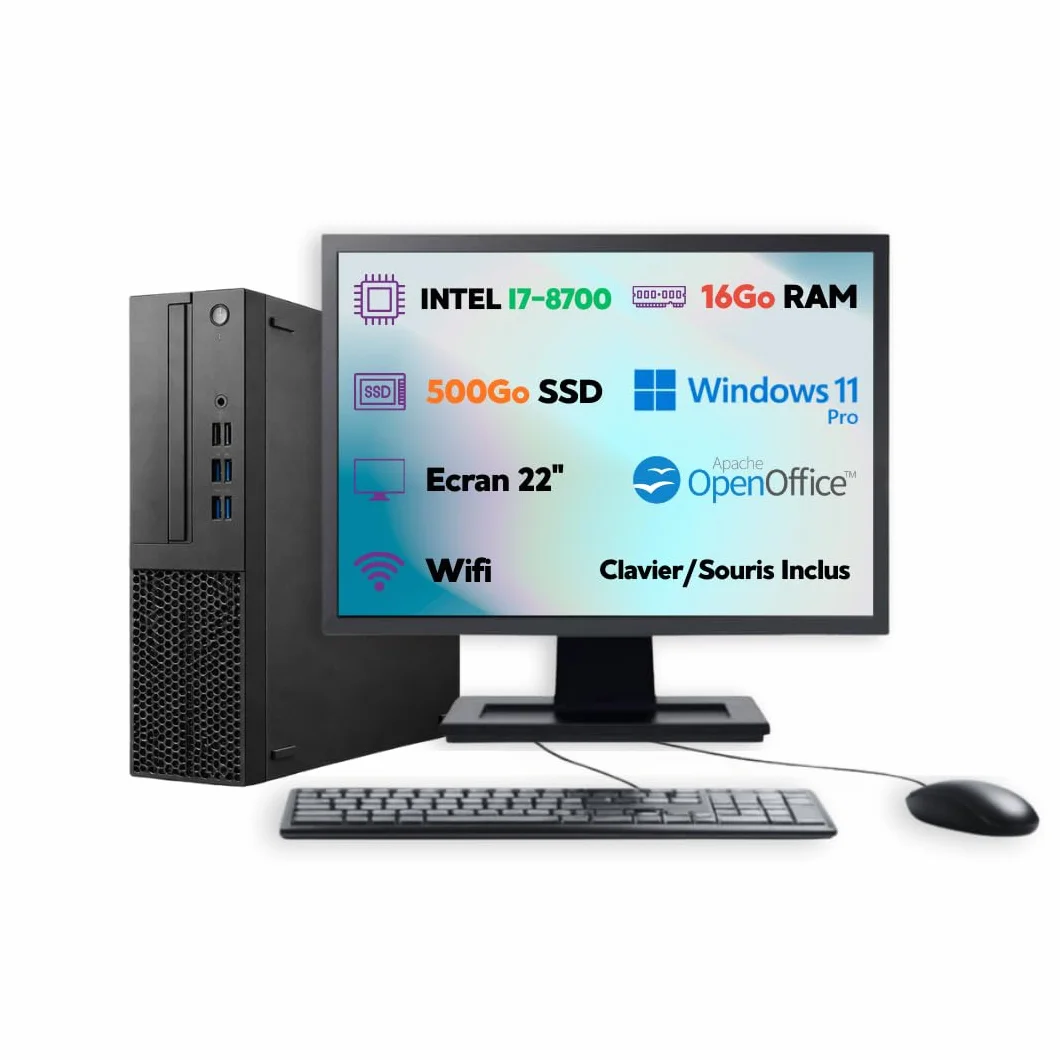 PC de Bureau SFF Intel Core i7-8700 Windows 11 Pro SSD 1To RAM 16Go Wi-Fi Reconditionné
