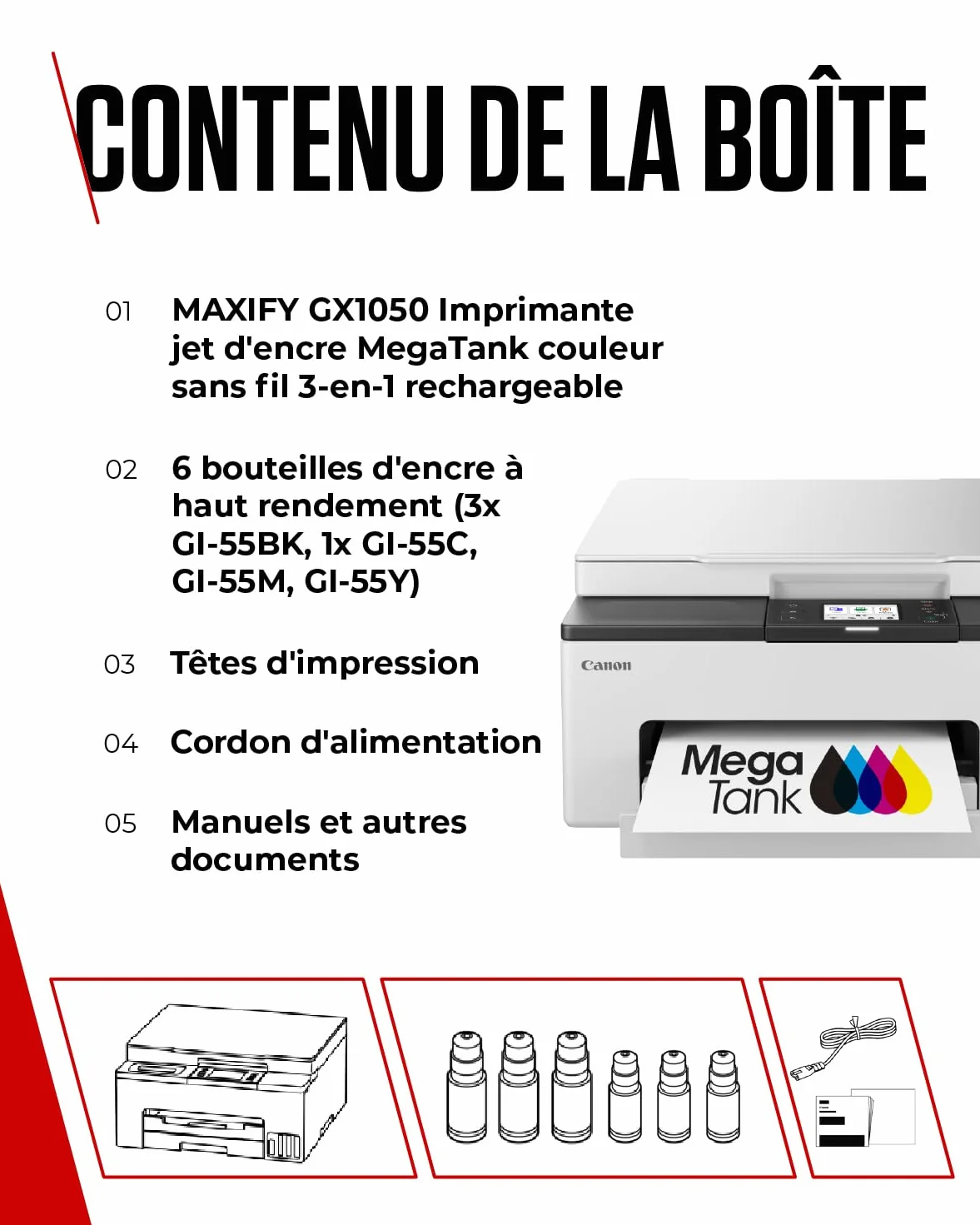 Canon MAXIFY GX1050 Imprimante A4 Couleur MegaTank Tout-en-Un Jet d'encre Wi-Fi Ethernet USB