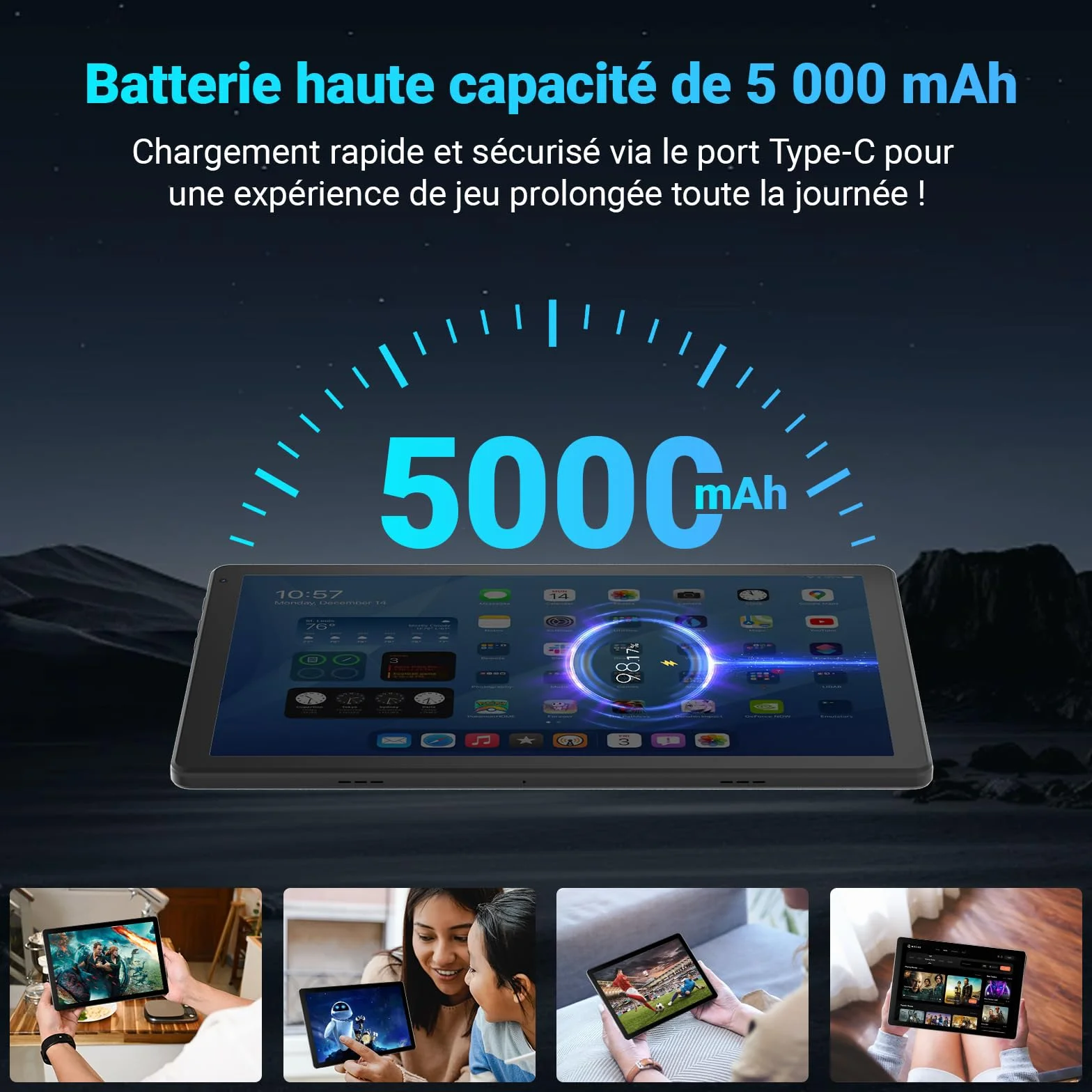 Tablette 10 Pouces Android 15 32 Go ROM+1 To TF 5000 mAh WiFi 6 Bluetooth 5.4 Widevine L1 Noir