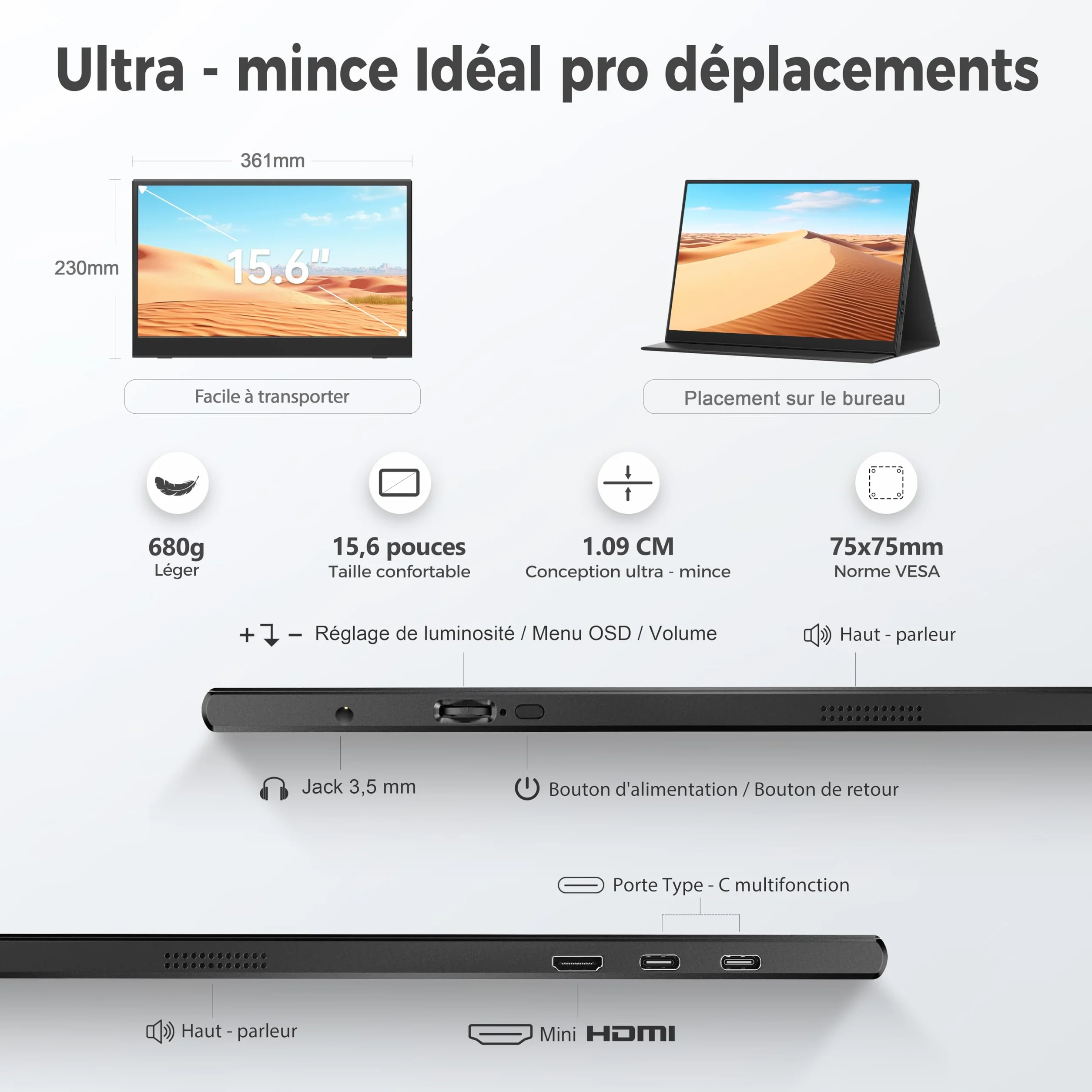 UFYQL Écran Portable 15,6" Full HD IPS 1080P Mat, Compatible Laptop/PC/MacBook/Téléphone/Xbox/PS4/PS5/TV, HDMI/USB-C, VESA