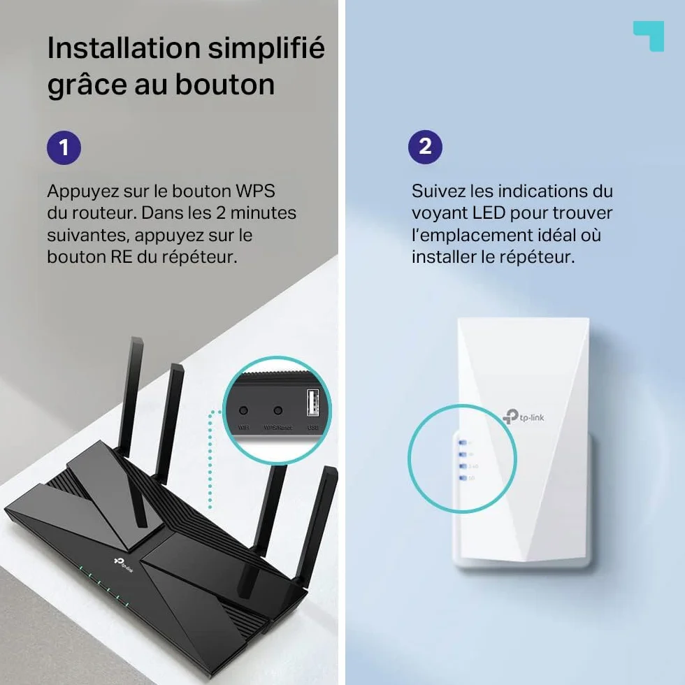 TP-Link Répéteur WiFi 6 RE700X, Amplificateur WiFi AX3000 Mbps, Port Ethernet Gigabit, 150 m²