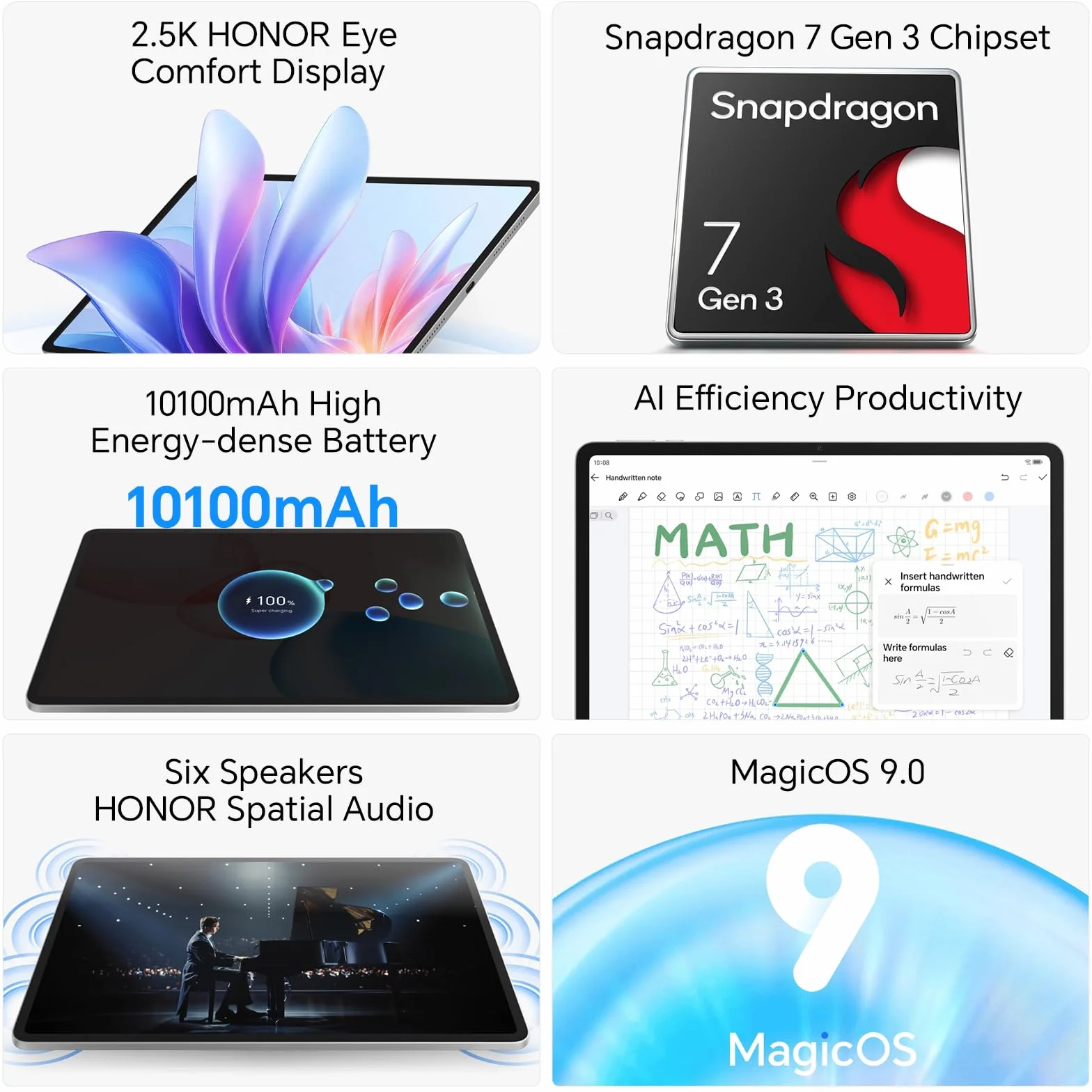 HONOR Pad 10 WiFi Tablet 8Go 256Go, 7 Gen 3 Snapdragon, 12.1 Pouces 120Hz 2.5K Display, 10100mAh Battery, Android 15, Grey
