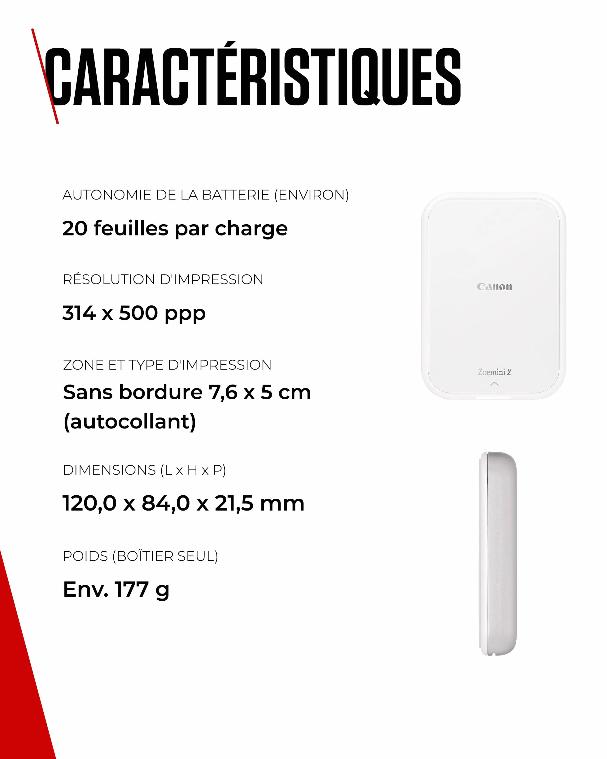 Canon Zoemini 2 Imprimante Photo Portable Bluetooth 5.0 Type-C Charge Rapide Blanche