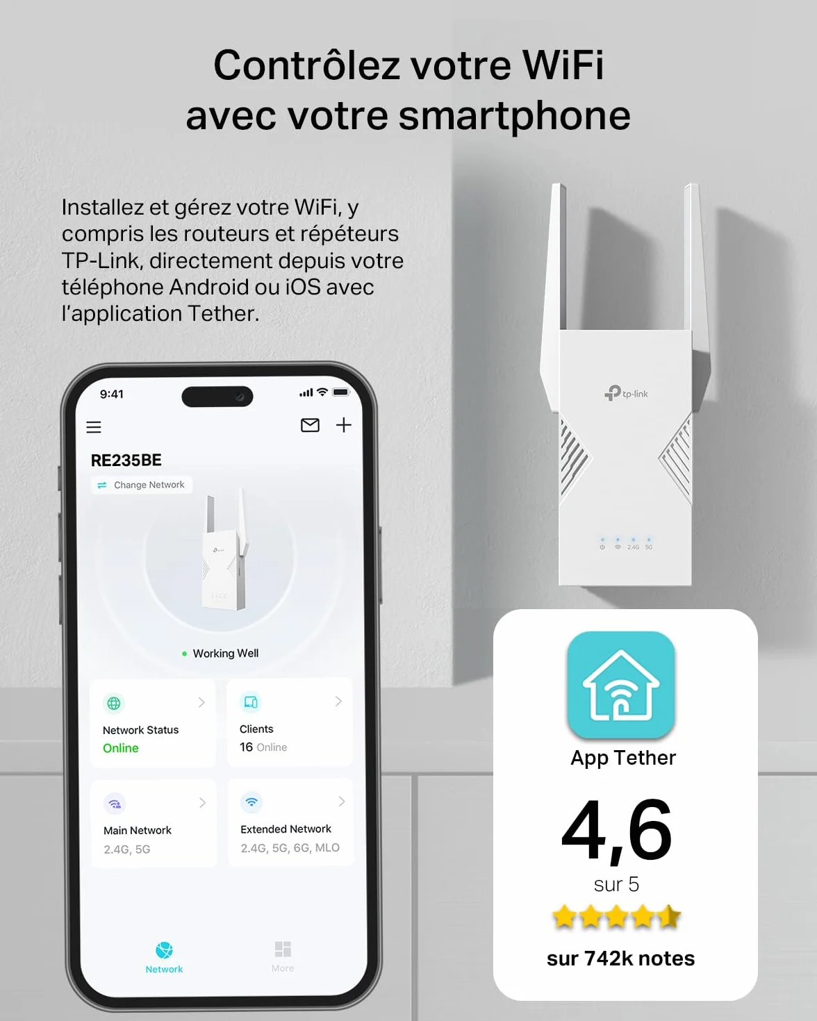 TP-Link Répéteur WiFi 7 Mesh BE3600 Bi-Bande RE235BE, 2.5 Gigabit, MU-MIMO, EasyMesh