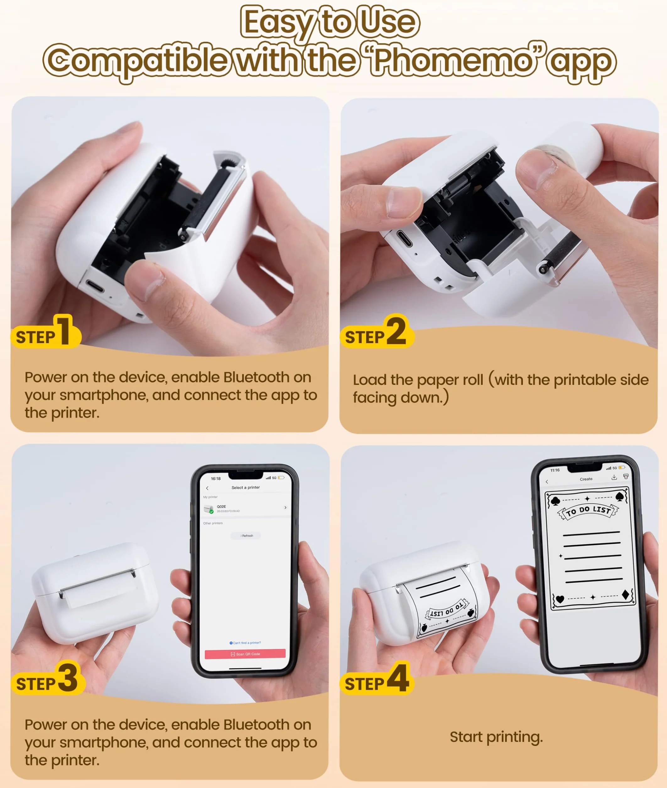 Mini Imprimante Photo Portable Q02E Sans Encre Thermique Bluetooth Compatible iPhone Pad Blanc