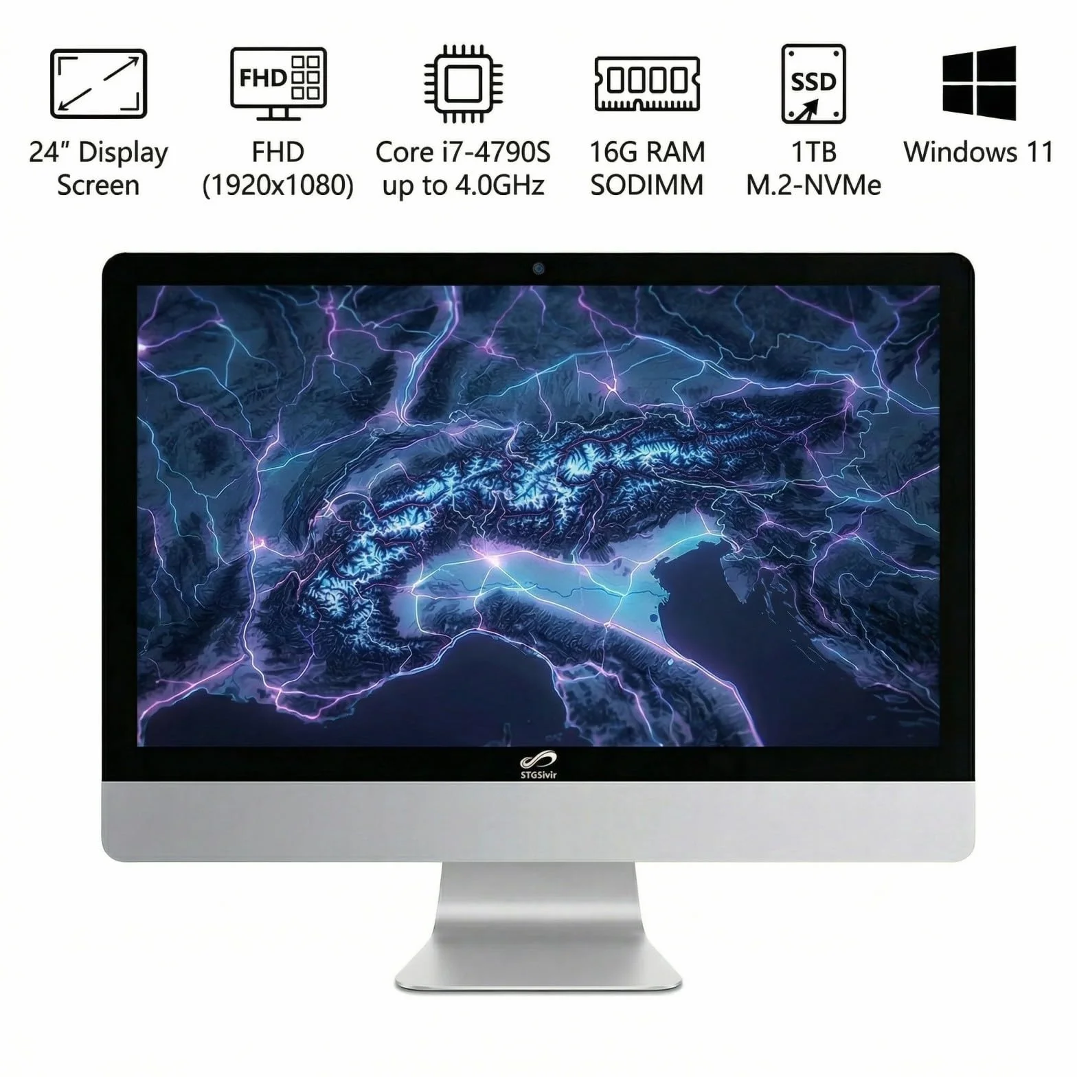 Ordinateur de Bureau Tout-en-Un 24" Core i7 4.0 GHz RAM 16 Go SSD 1 To WiFi Bluetooth 5.0 Windows 11 Pro Blanc