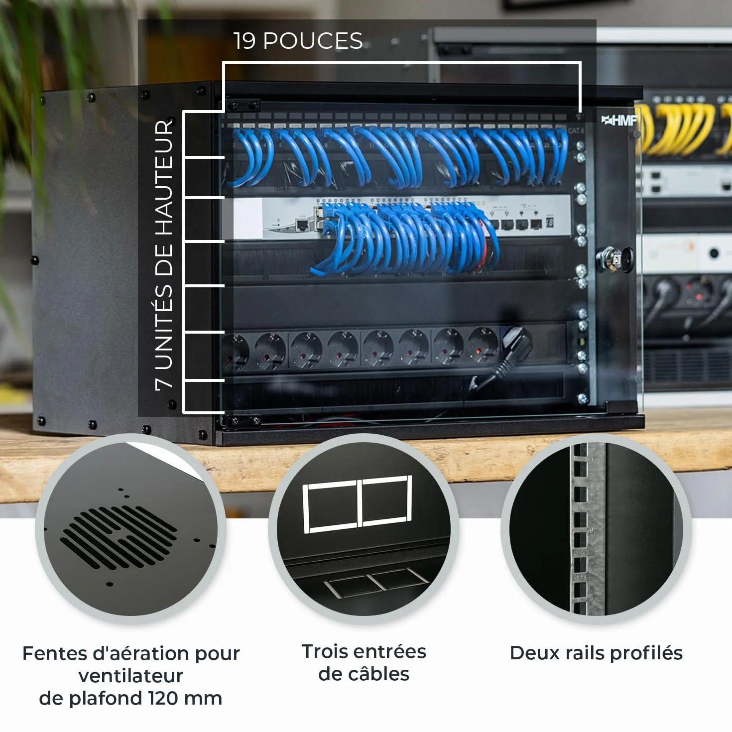 HMF Baie de Brassage 19 Pouces 7U Armoire réseau Porte vitrée Profondeur 400 mm Coffret Mural Noir