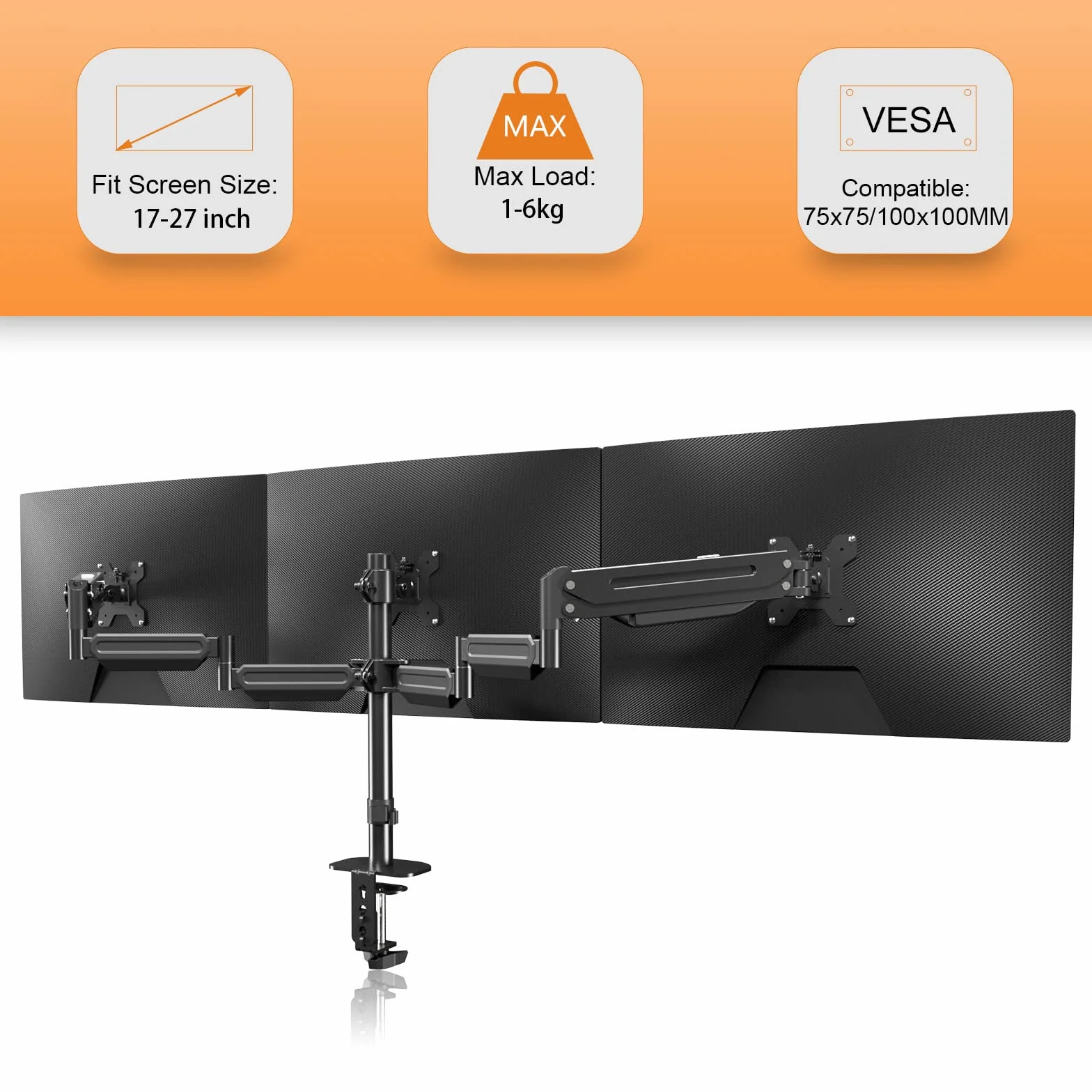Pholiten Support Ecran PC 3 Ecran, Support de Moniteur 17-27", Inclinaison et Pivotement, VESA 75/100mm