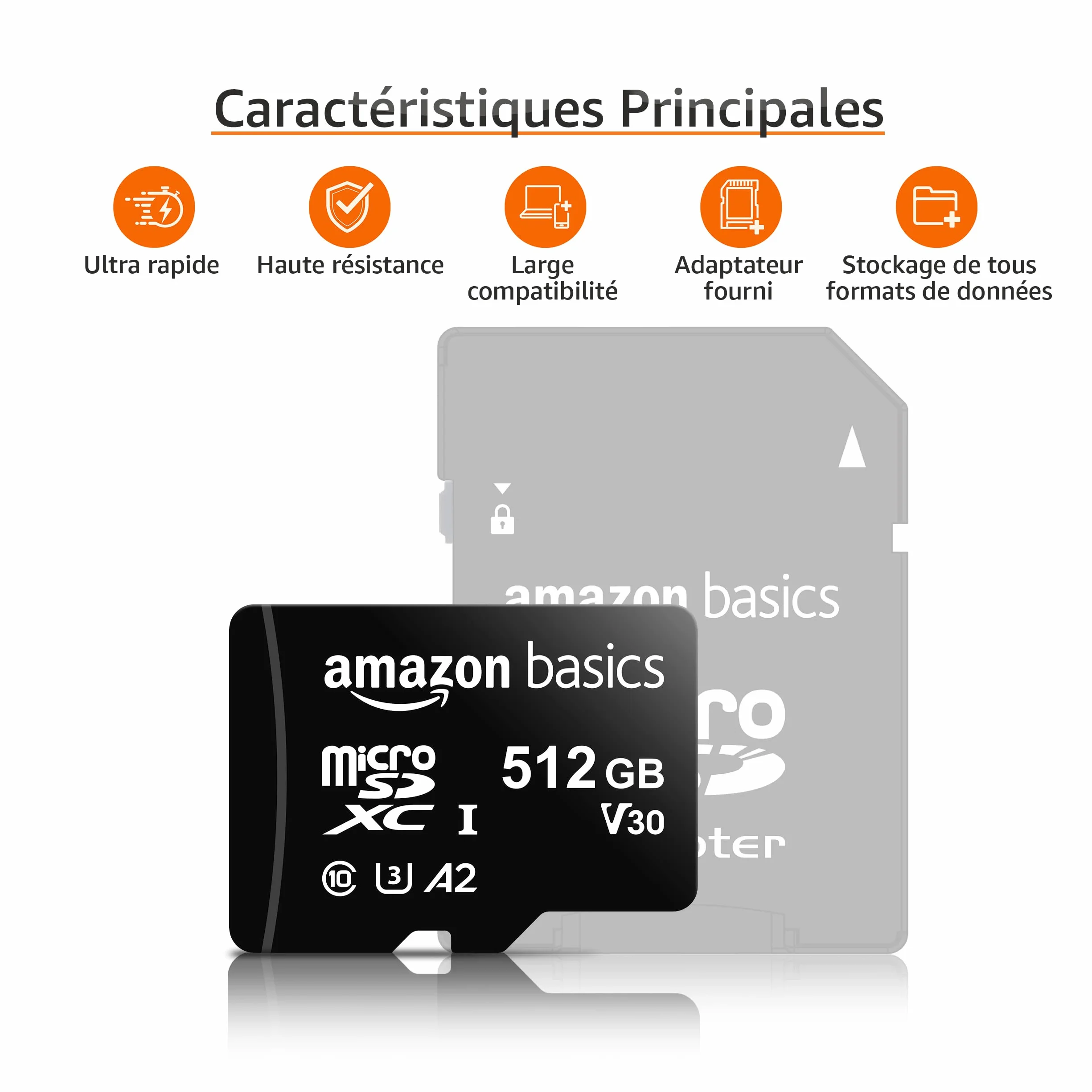 Amazon Basics Carte Mémoire microSDXC 512Go A2 U3 Adaptateur Grande Taille Noir