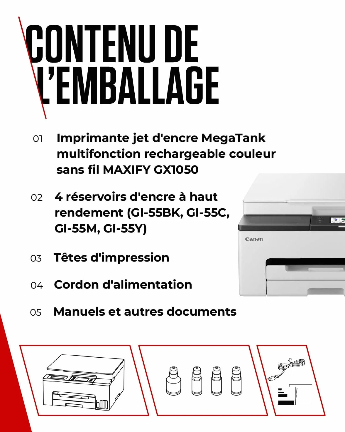 Canon MAXIFY GX1050 Imprimante A4 Couleur Jet d'encre MegaTank Tout-en-Un sans Fil Wi-Fi Ethernet USB