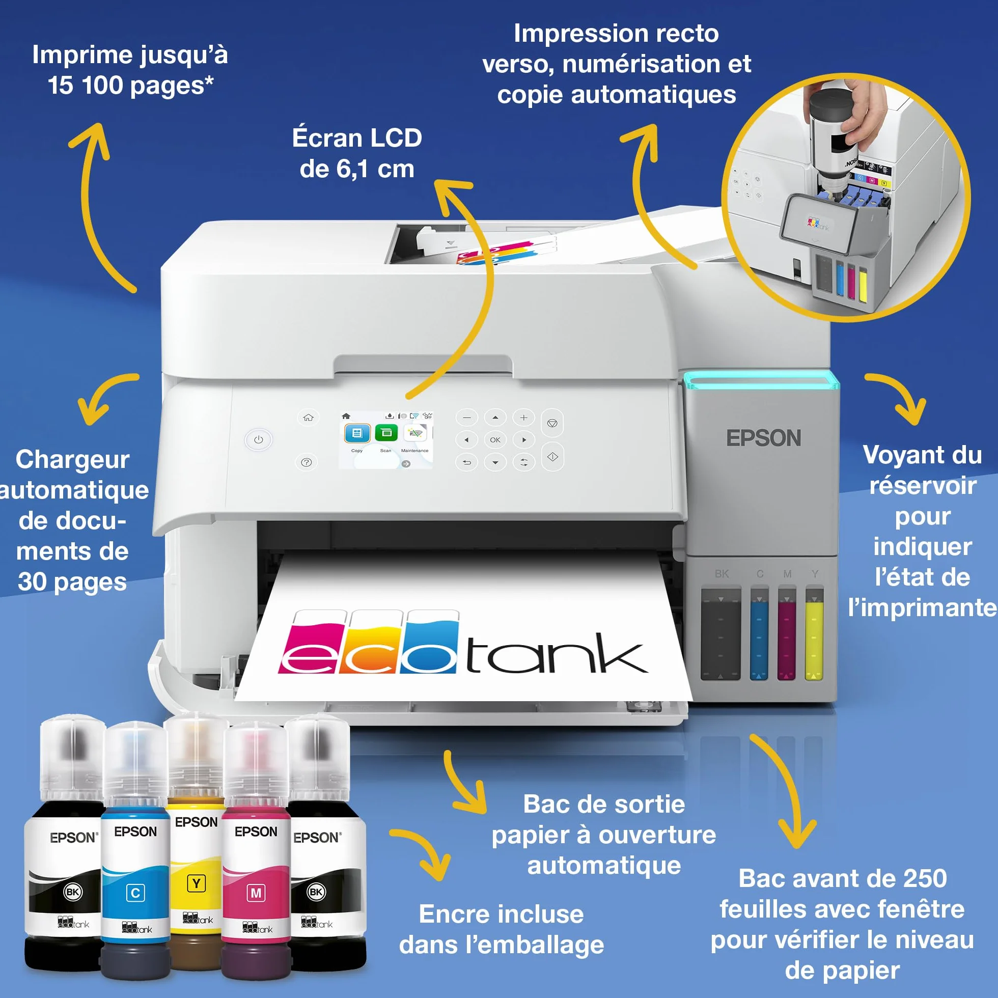 Epson EcoTank ET-3956 Imprimante Multifonction A4 Wi-Fi Recto Verso Auto Écran LCD 6,1cm ADF 35 Feuilles