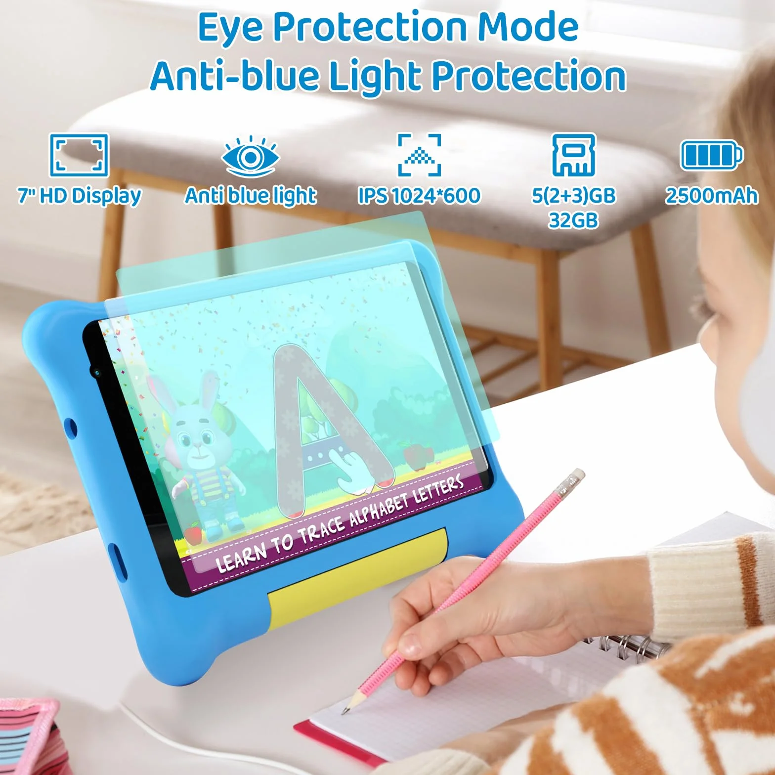 Tablette Enfants 7 Pouces Android 5Go+32Go+128Go Applications Préinstallées Contrôle Parental 1024x600 2500mAh Caméra Double WiFi 6 BT5.2 Bleu