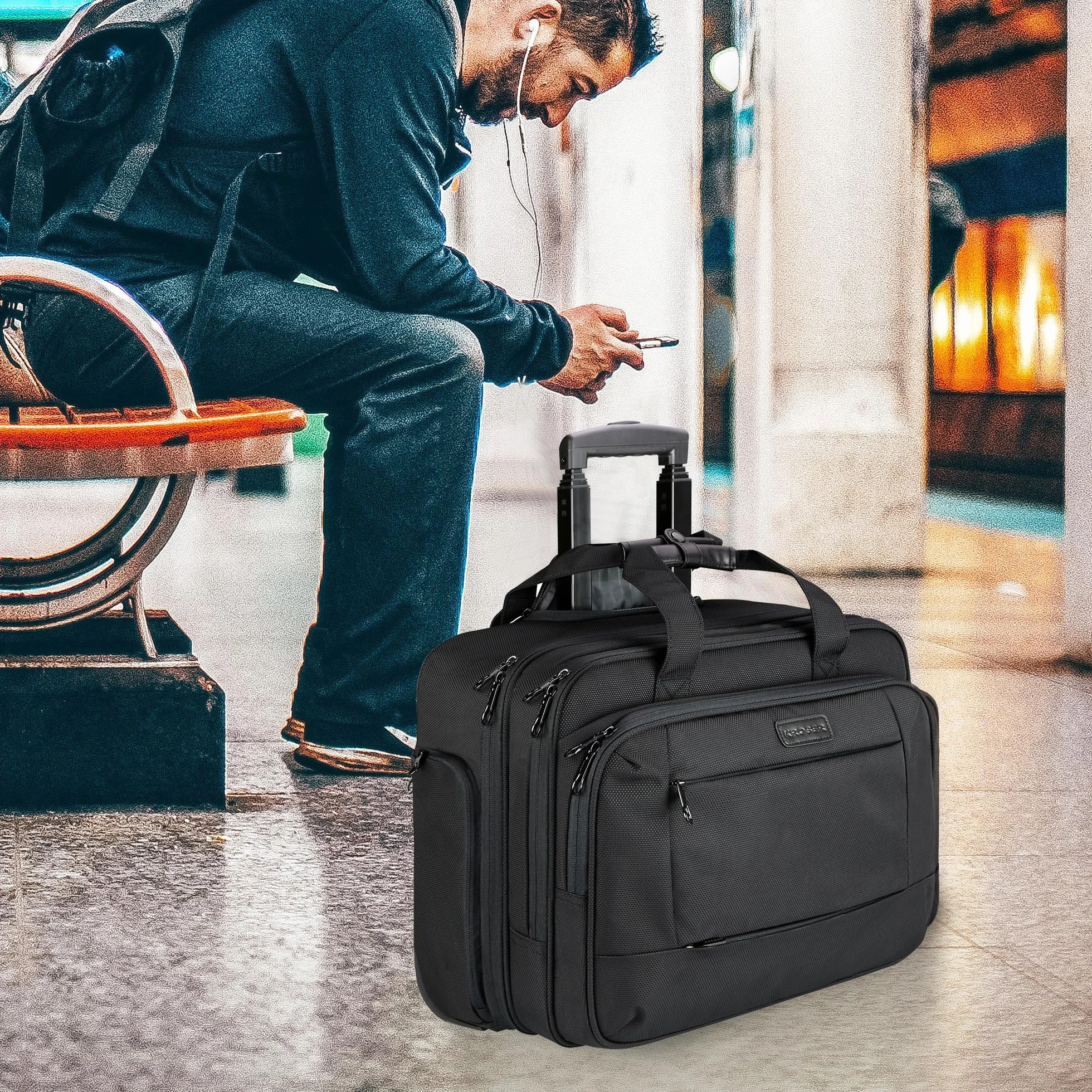 KROSER Mallette à roulettes Portable Sacoche Ordinateur 17,3" Imperméable Porte-Documents Poches RFID Rolling Laptop Bag