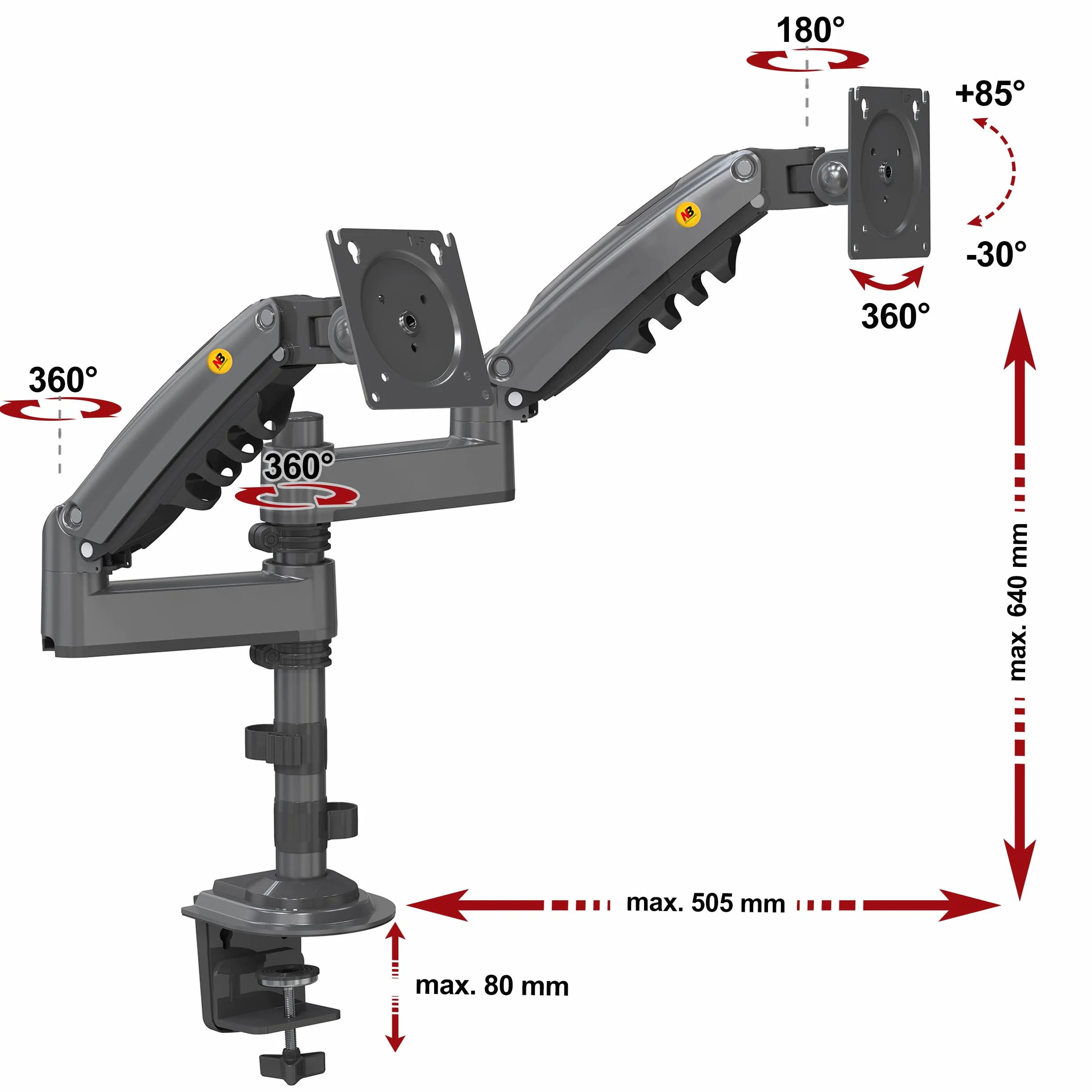 Support bureautique avec Ressort à gaz pour Deux écrans LCD 17″ – 27″ (43 cm – 69 cm) jusqu’à 9 kg