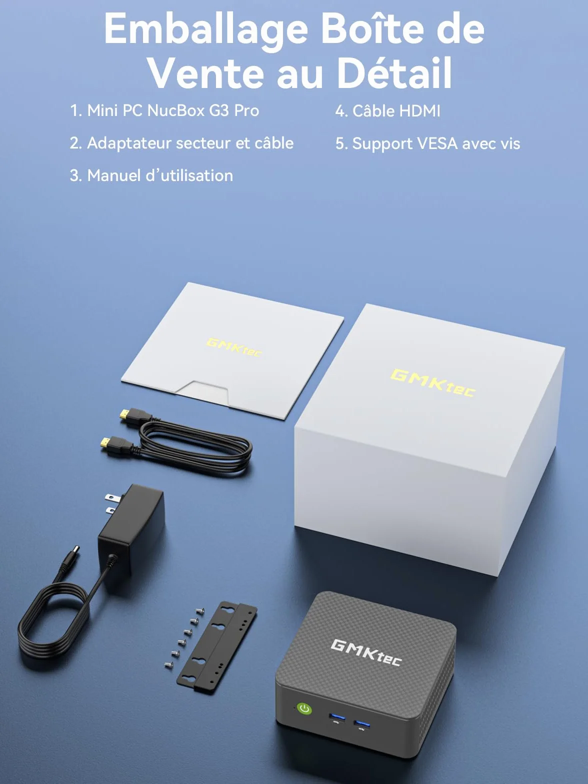 GMKtec Mini PC G3 Pro Intel Core i3-10110U 16 Go RAM DDR4 SSD PCIe 256 Go 2*HDMI 4K USB 3.2 WiFi 6 BT 5.2 2.5GbE LAN