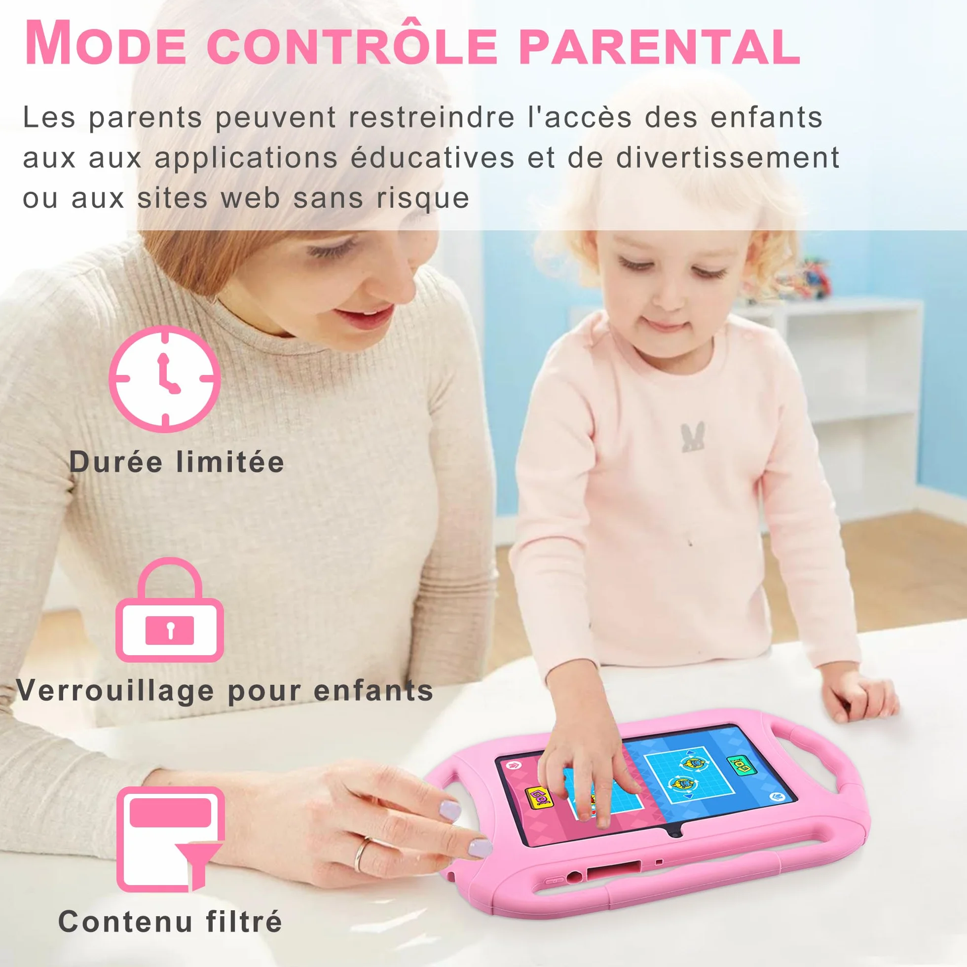 Tablette Android 7 Pouces 2Go RAM 32Go ROM WiFi Écran HD pour Enfants avec Contrôle Parental (Rose)