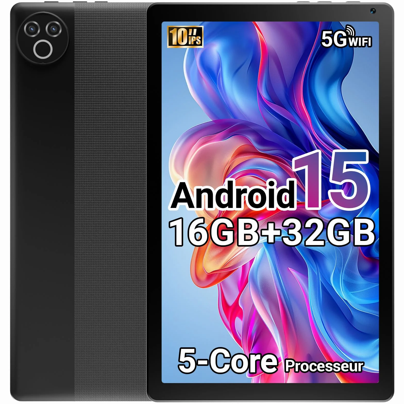 Tablette 10 Pouces Android 15 2026, 16 Go RAM, Écran HD IPS 1280x800, WiFi 6, Bluetooth 5.4, Batterie 5000mAh, Noir