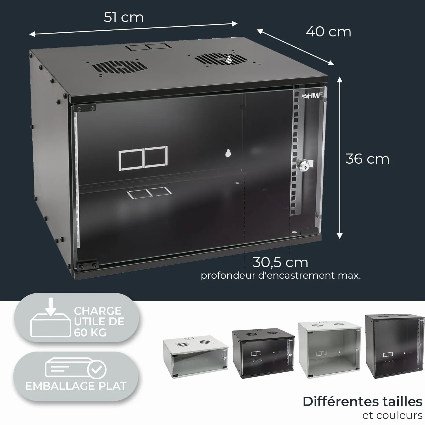 HMF Baie de Brassage 19 Pouces 7U Armoire réseau Porte vitrée Profondeur 400 mm Coffret Mural Noir