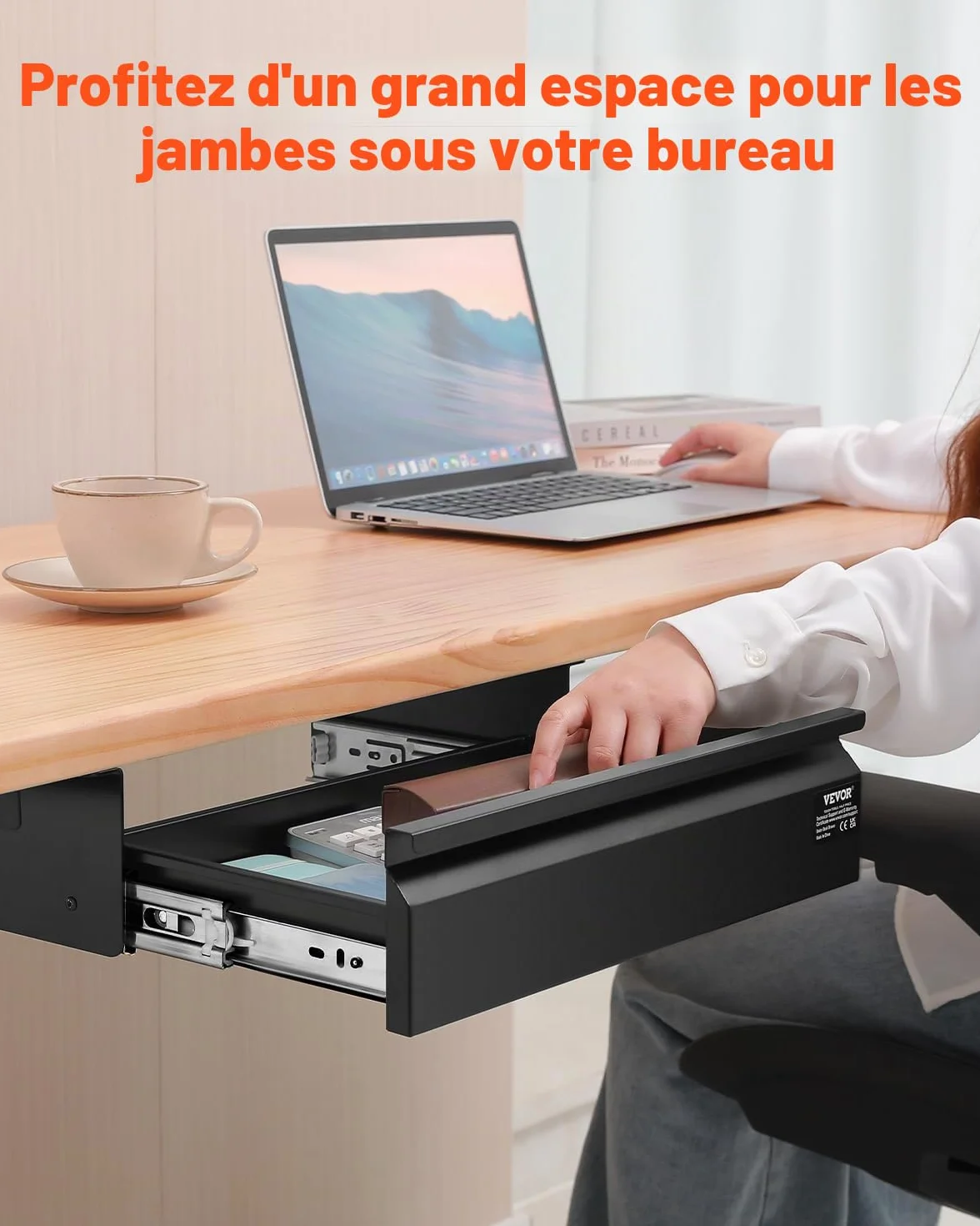 VEVOR Tiroir Coulissant sous Bureau, 440x223x101 mm, Organisateur de Rangement Caché, Capacité 5 kg