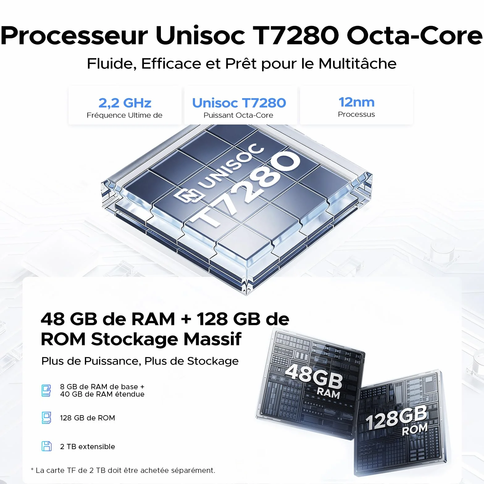 Tablette 12 Pouces Android 16, 48Go RAM+128Go ROM, T7280 Octa-Core, IPS 2.4K 120Hz, 10000mAh, WiFi5, Clavier Inclus