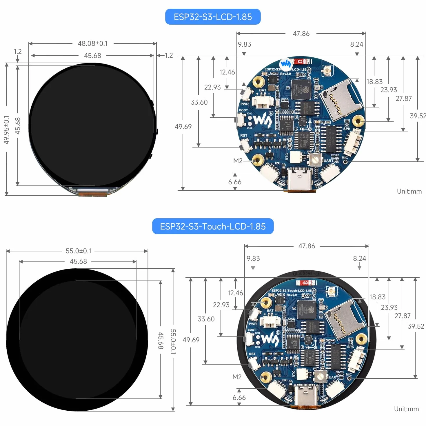 Waveshare ESP32-S3 1.85inch Display Development Board 360x360 32-Bit LX7 Dual-Core Processor 240MHz WiFi BT Accelerometer Gyroscope Sensor