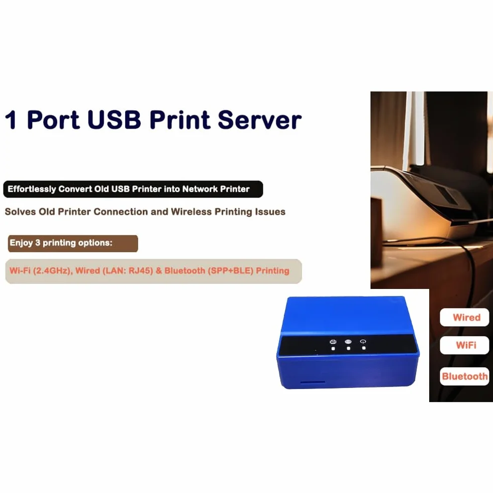 JANZU Serveur d'impression Bluetooth Ethernet WiFi USB sans fil
