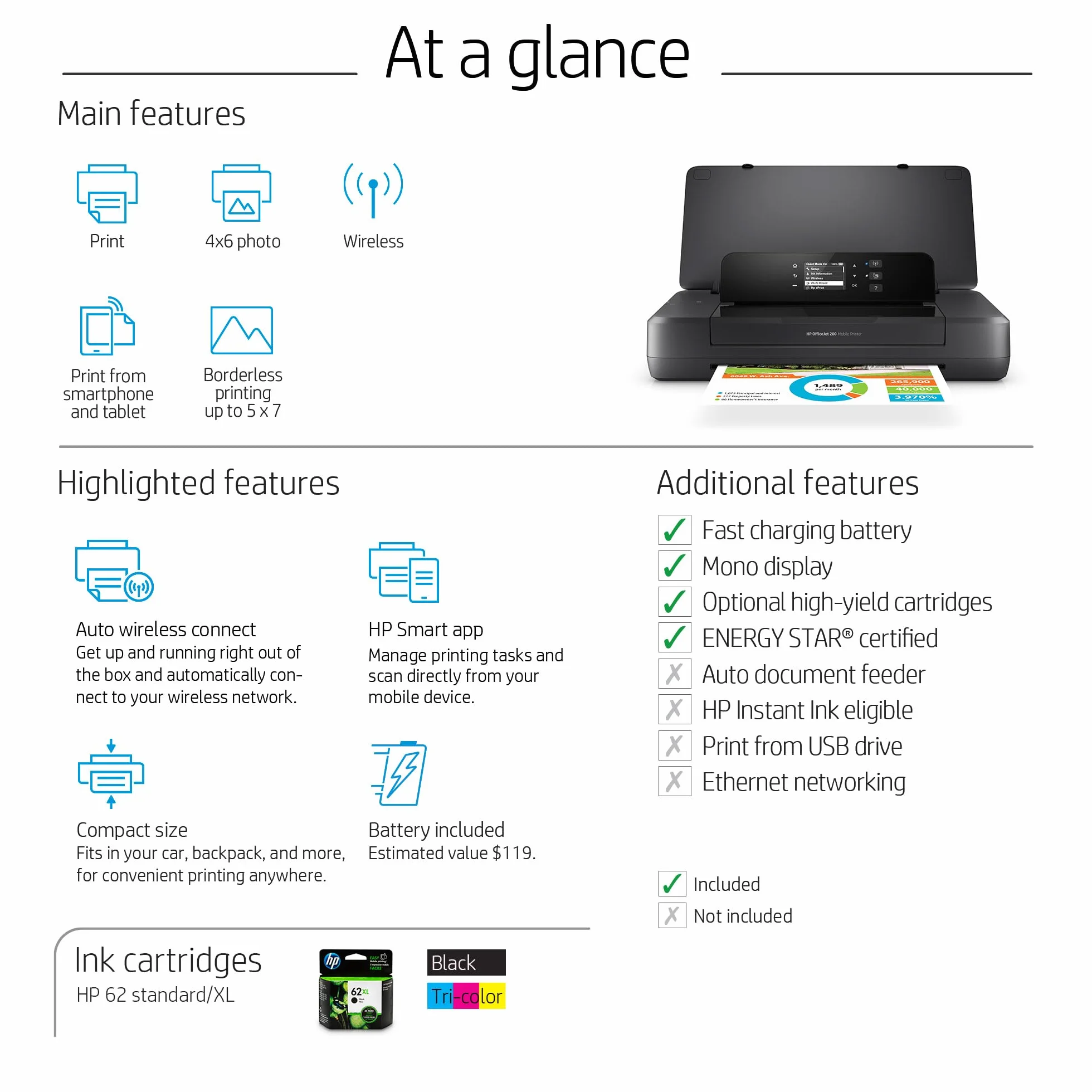 HP OfficeJet 200 Mobile Imprimante d'Encre A4 WiFi Noir 4800 x 1200 dpi