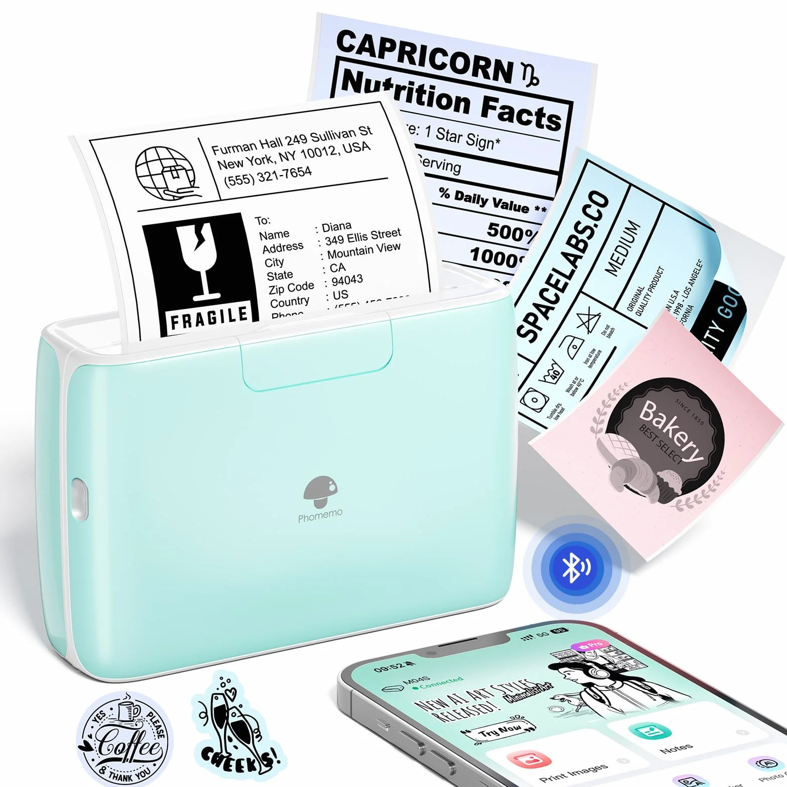 Phomemo M04S Mini Imprimante Thermique Portable, 53/80/110 mm, 300dpi, iOS Android, Vert