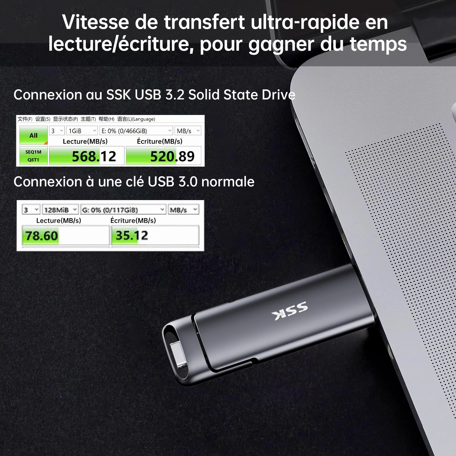 SSK SSD Externe 128 Go Disque Portable USB 3.2 Gen 2 550 Mo/s 2 en 1 OTG Clé USB A & Type C