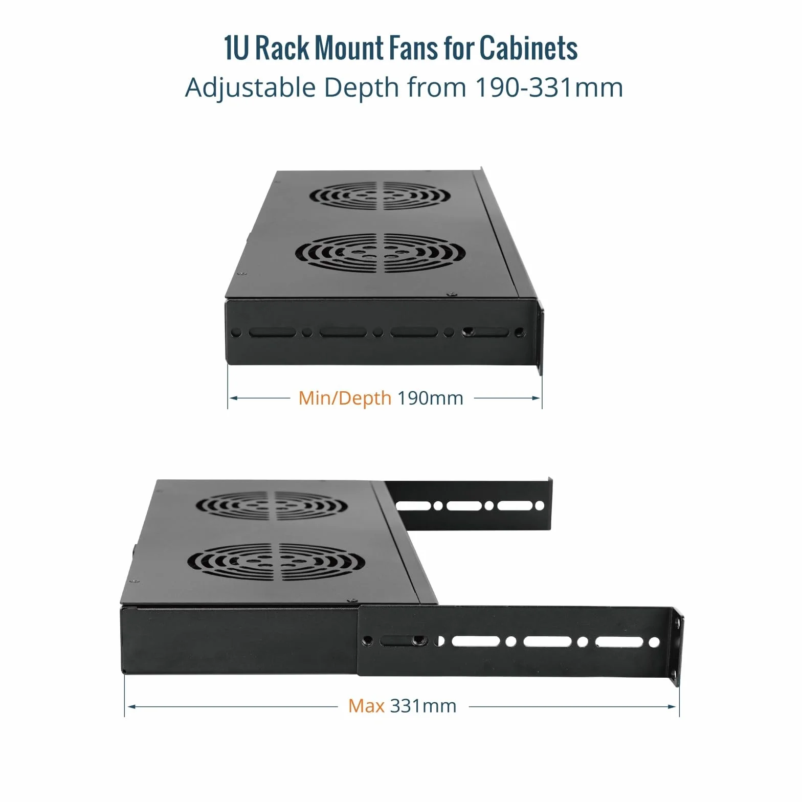 Tecmojo Module de Ventilation pour Rack 1U 19 Pouces 2 Ventilateurs Support Rail Réglable 190-331mm Câble 1,8m Noir