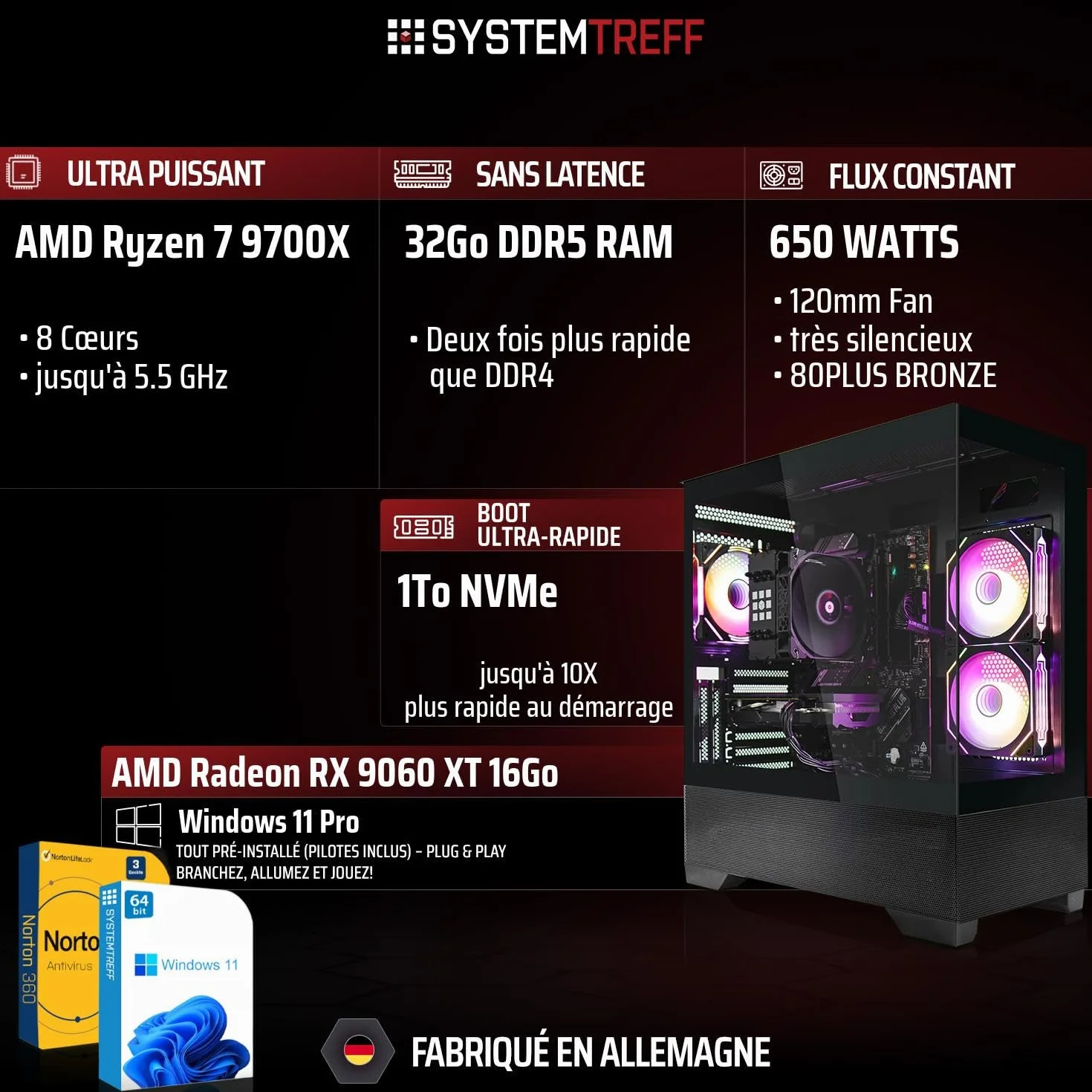 PC Gamer AMD Ryzen 7 9700X 8x5.5GHz Radeon RX 9060 XT 16Go DX12 1To M.2 NVMe 32Go DDR5 RAM Windows 11 Ordinateur de Bureau WLAN