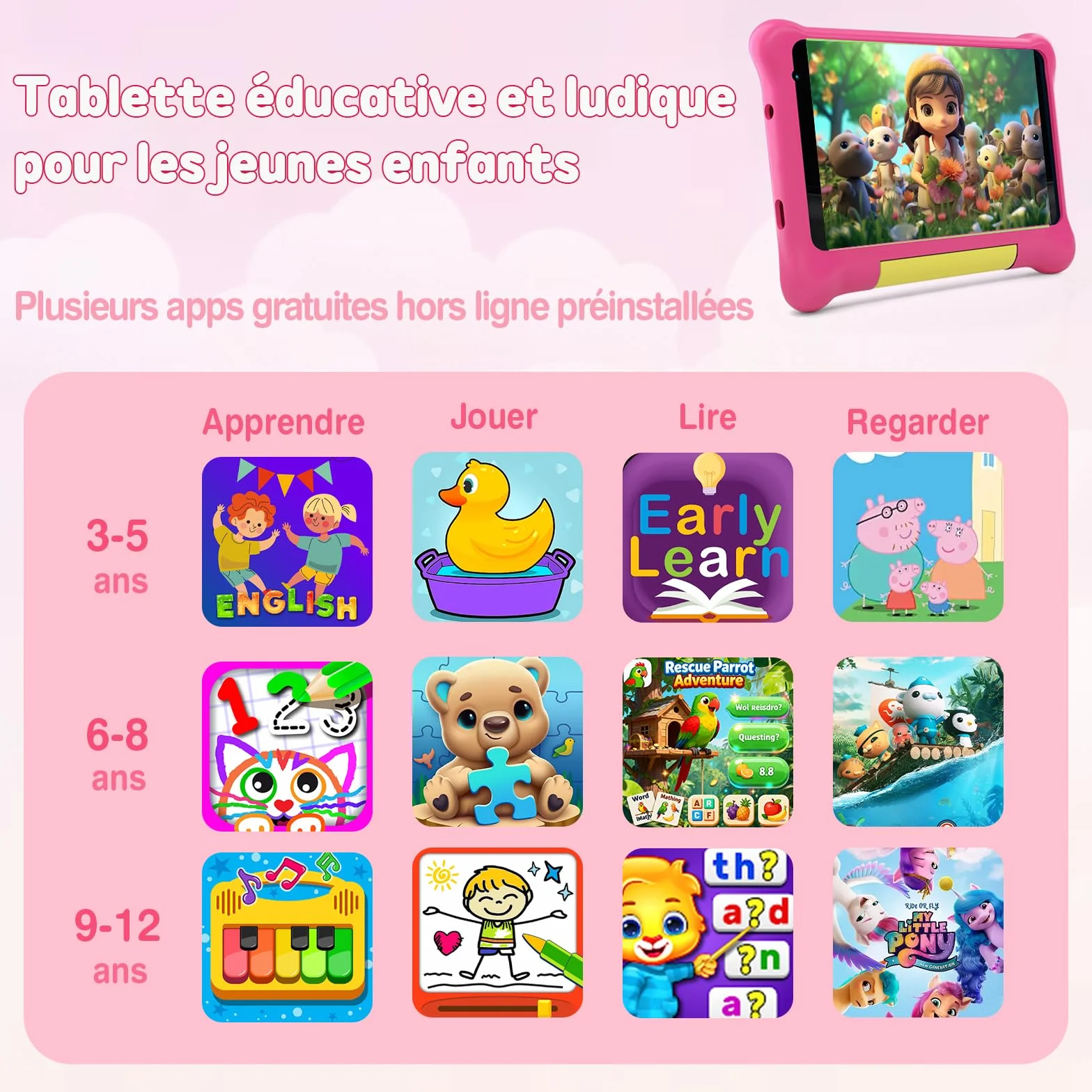 Tablette Enfants 7 Pouces Android 5GB RAM 32GB ROM Contrôle Parental IPS HD Bluetooth WiFi Quad Core Double Caméra avec Étui (Rose)