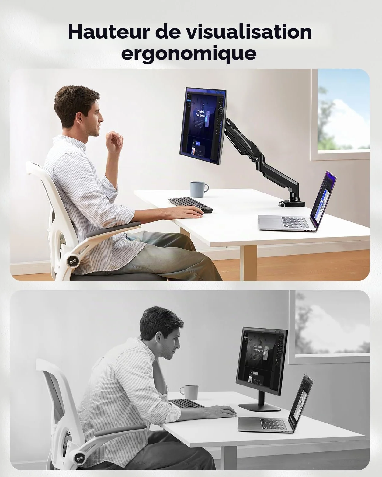 HUANUO Support Écran PC 13-32 Pouces Bras Simple Réglable Hauteur Inclinaison Pivotement Rotatif VESA 75 100 mm