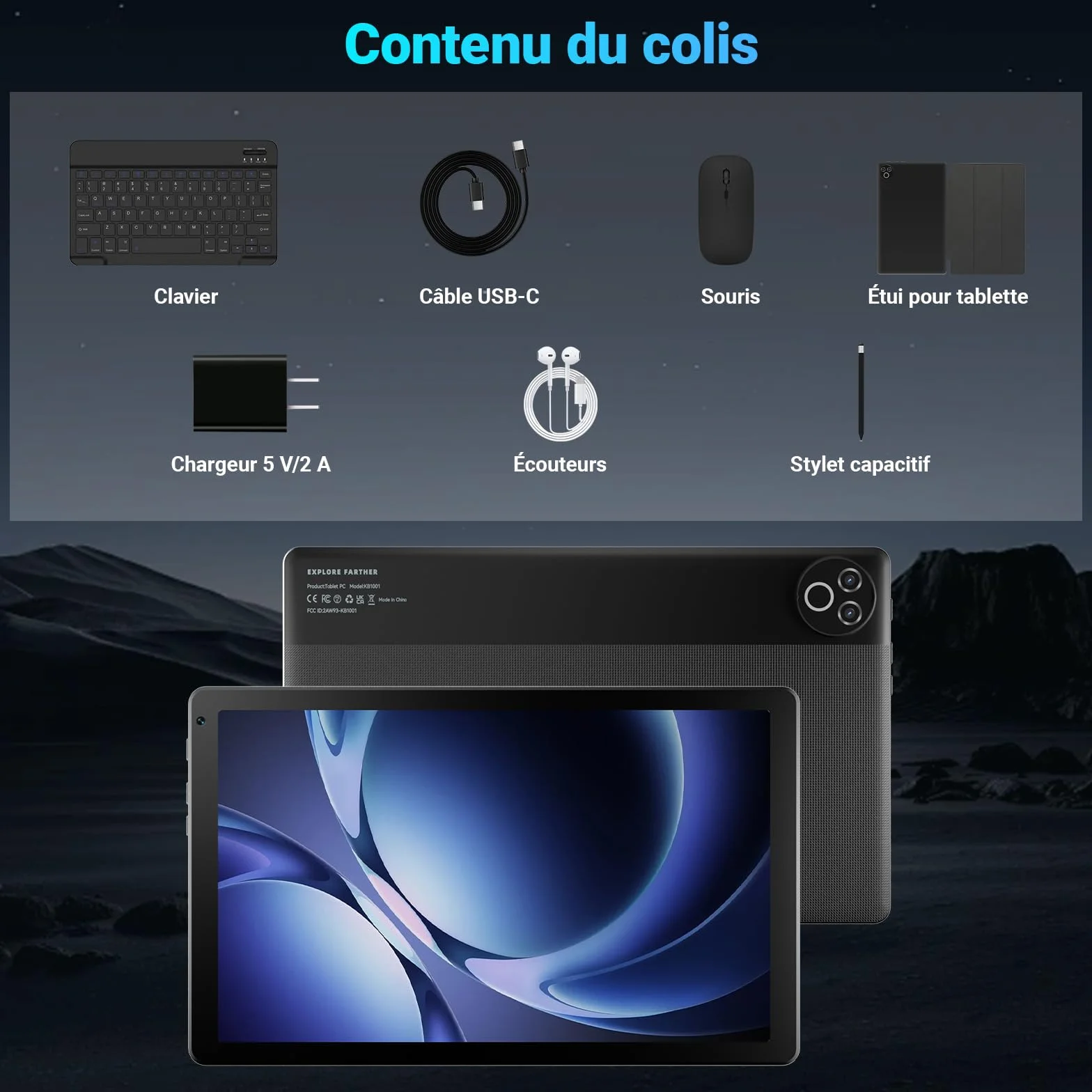 Tablette 10 Pouces Android 15 32 Go ROM+1 To TF 5000 mAh WiFi 6 Bluetooth 5.4 Widevine L1 Noir