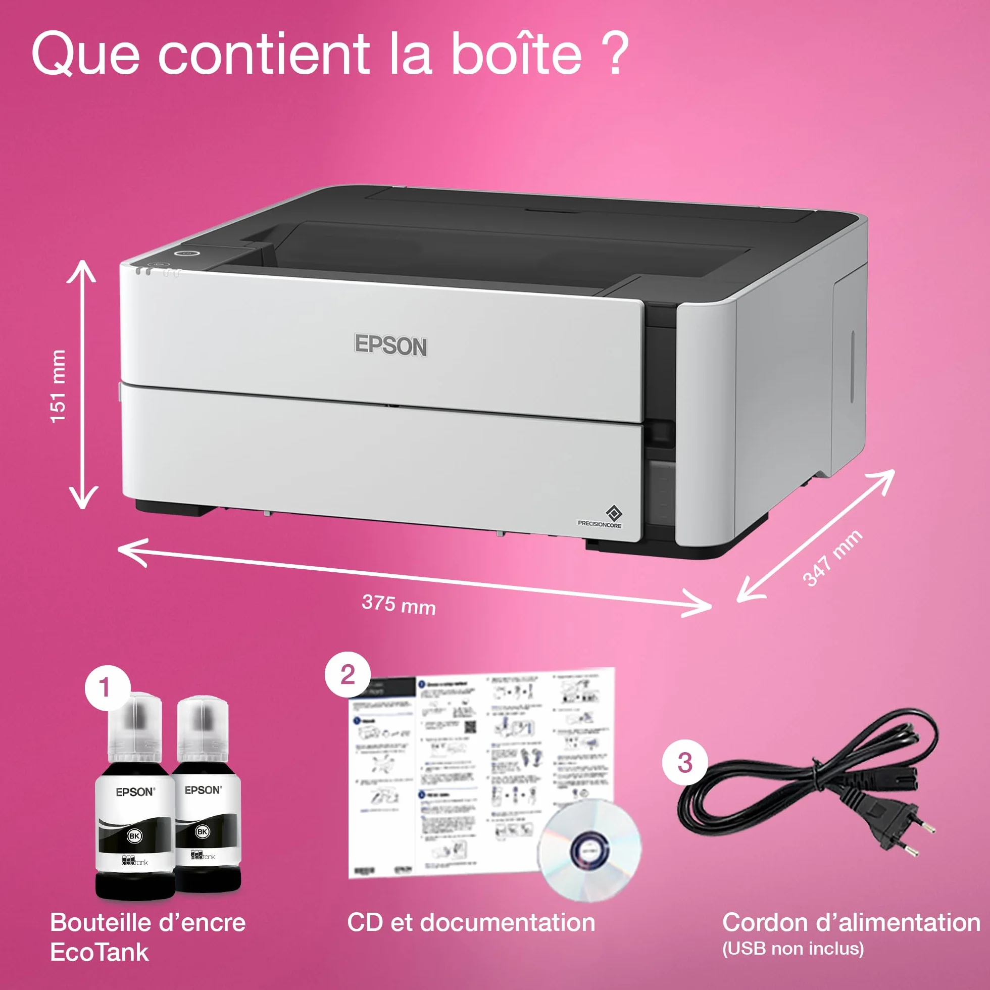 EPSON EcoTank ET-M1170 Imprimante jet d'encre monochrome A4 sans fil réservoir haute capacité 20ppm recto-verso Ethernet noir